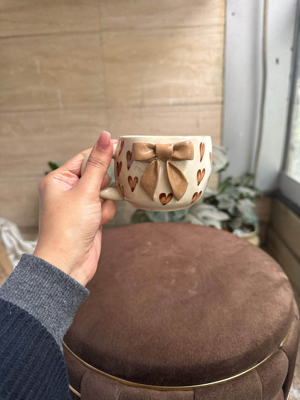 Brown Bow Mug with Hearts