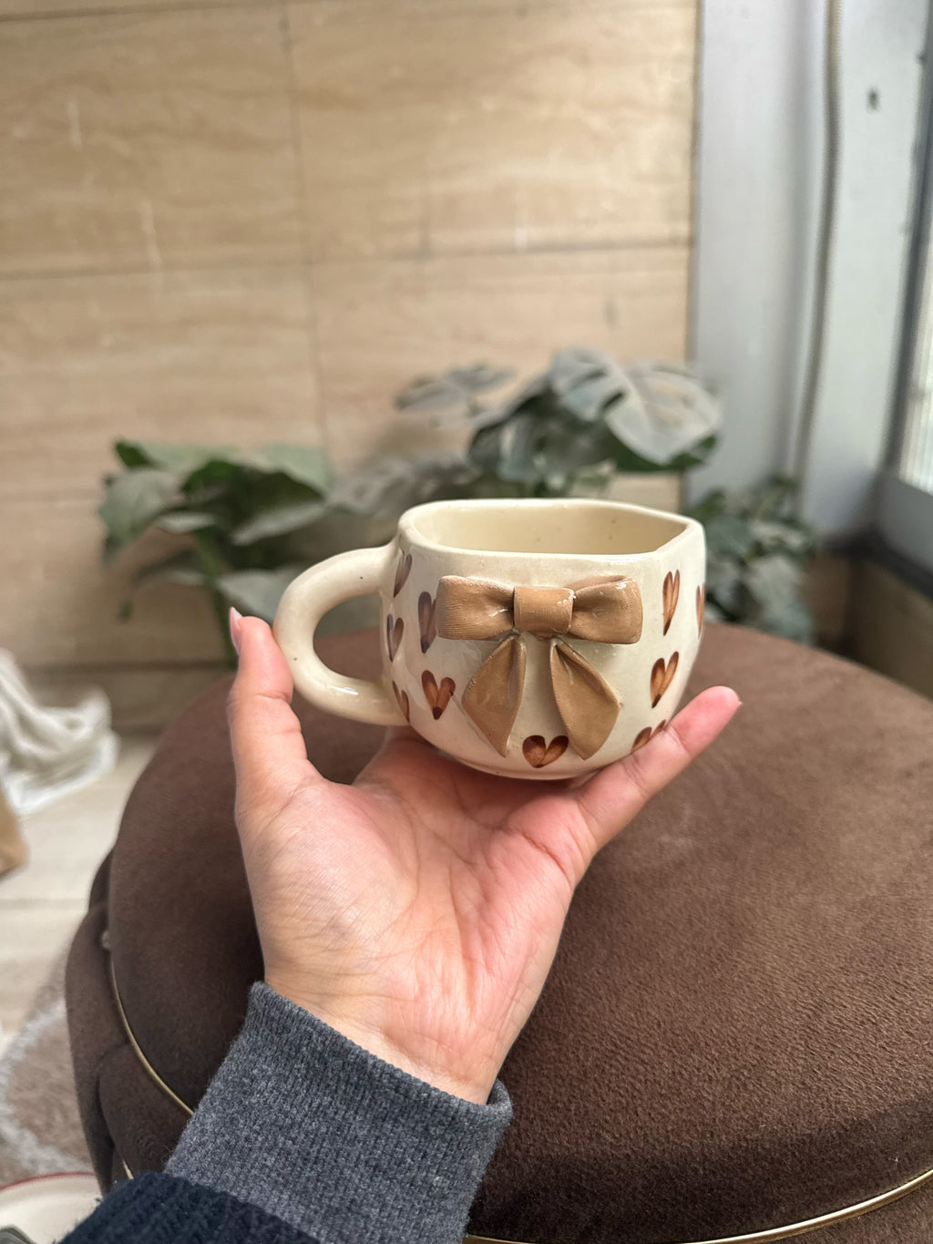 Brown Bow Mug with Hearts