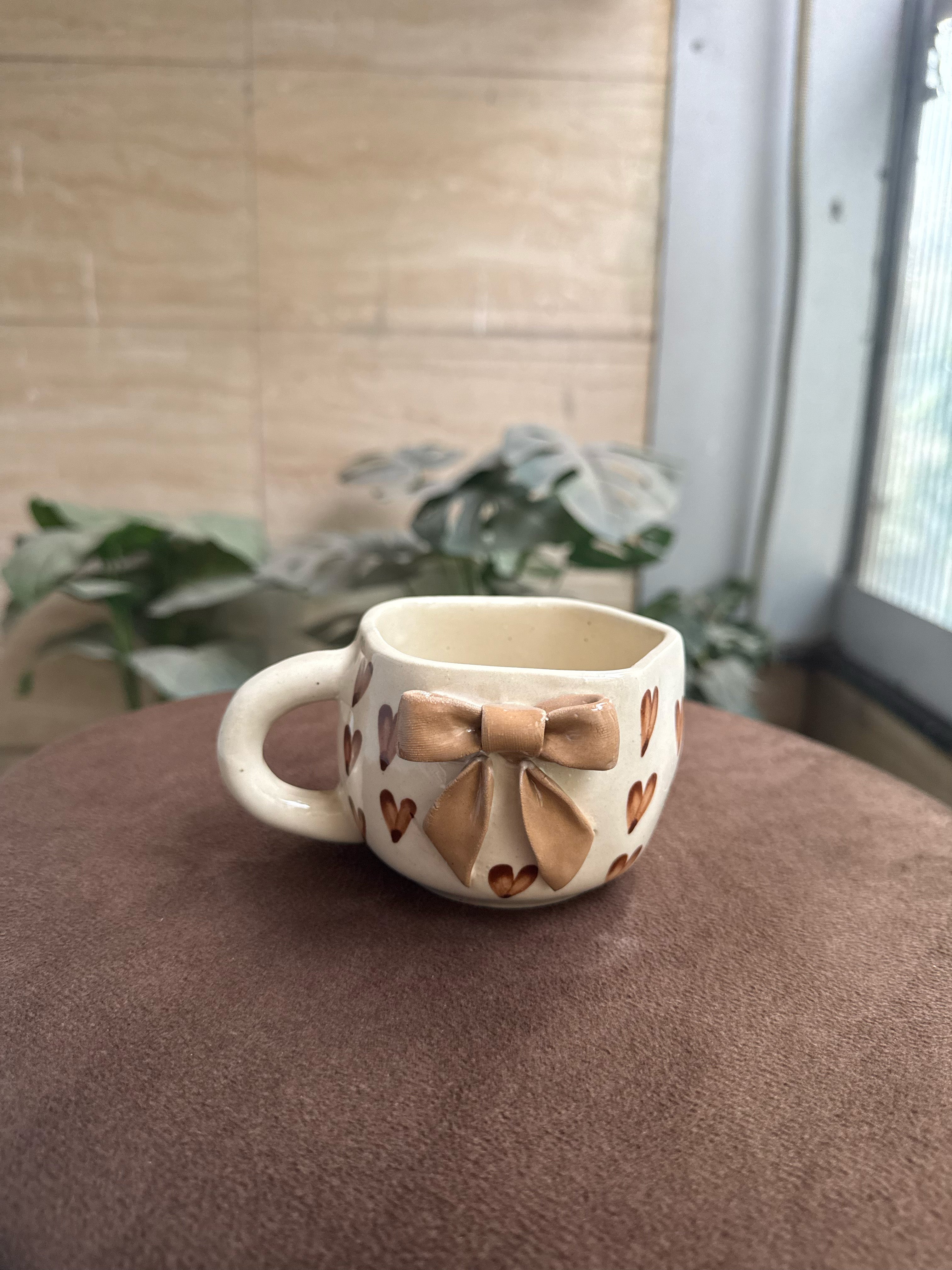 Brown Bow Mug with Hearts