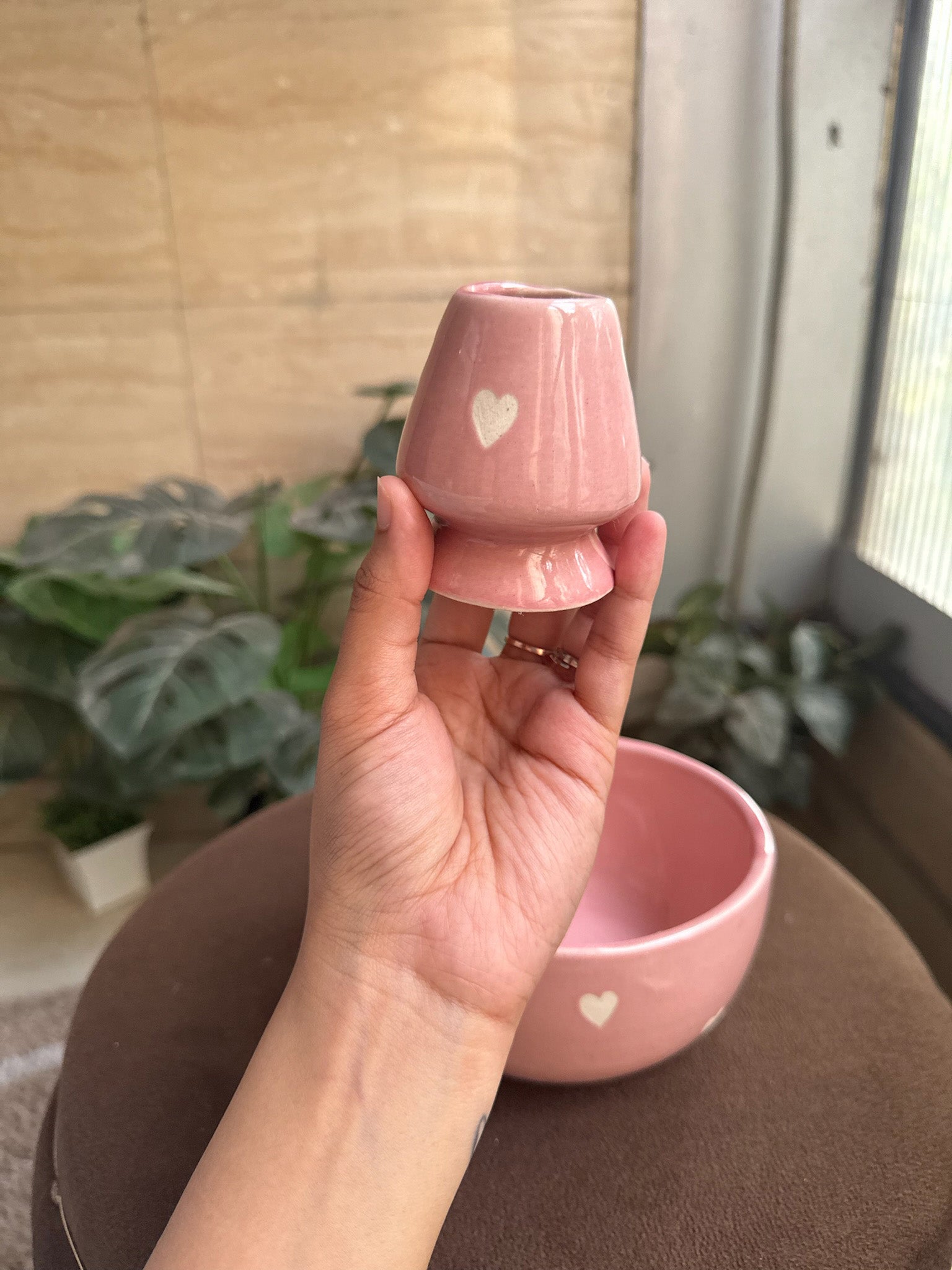 Pink Matcha Bowl with White hearts
