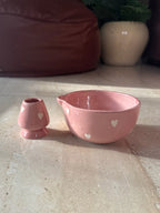Pink Matcha Bowl with White hearts