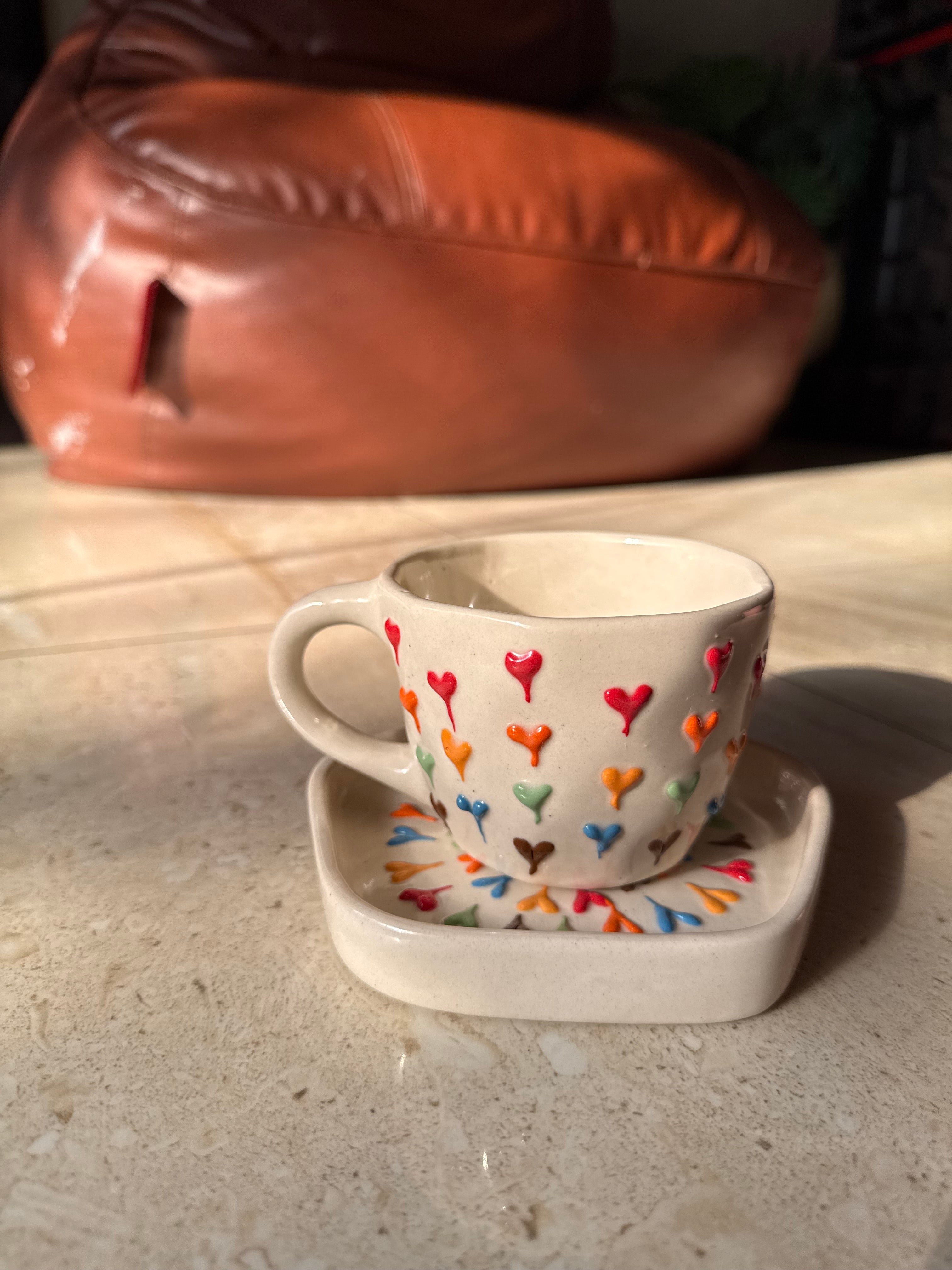 Colourful Hearts Mug and Saucer
