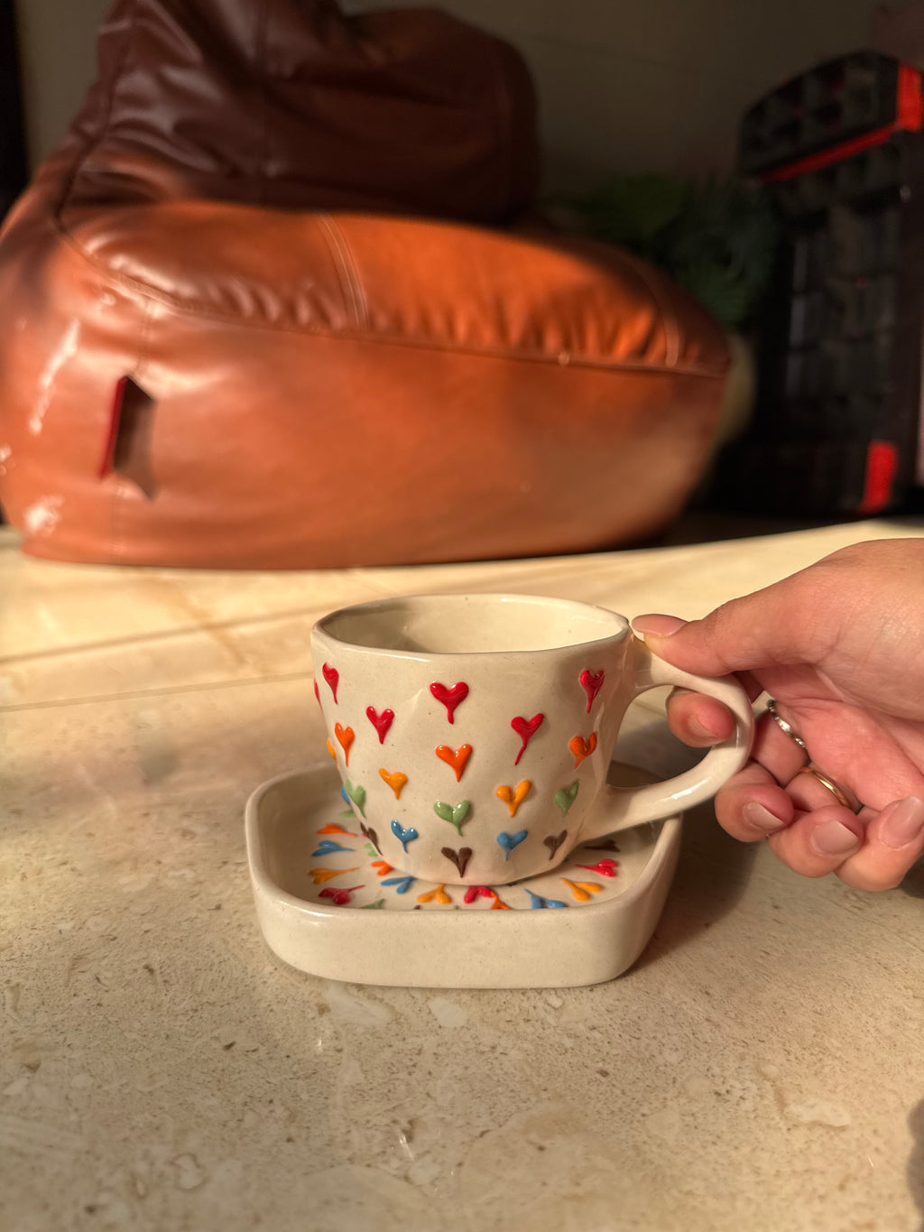 Colourful Hearts Mug and Saucer