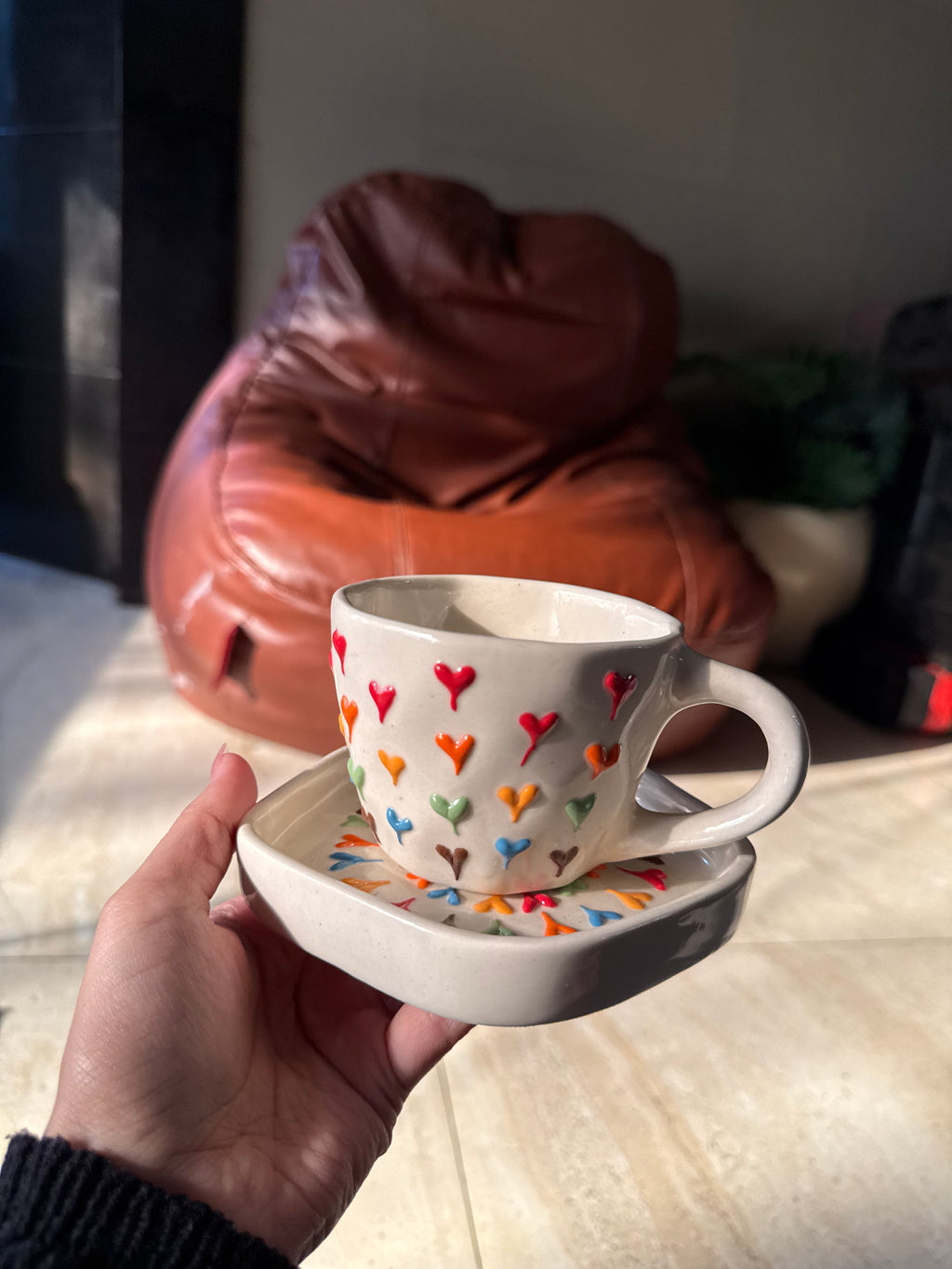 Colourful Hearts Mug and Saucer