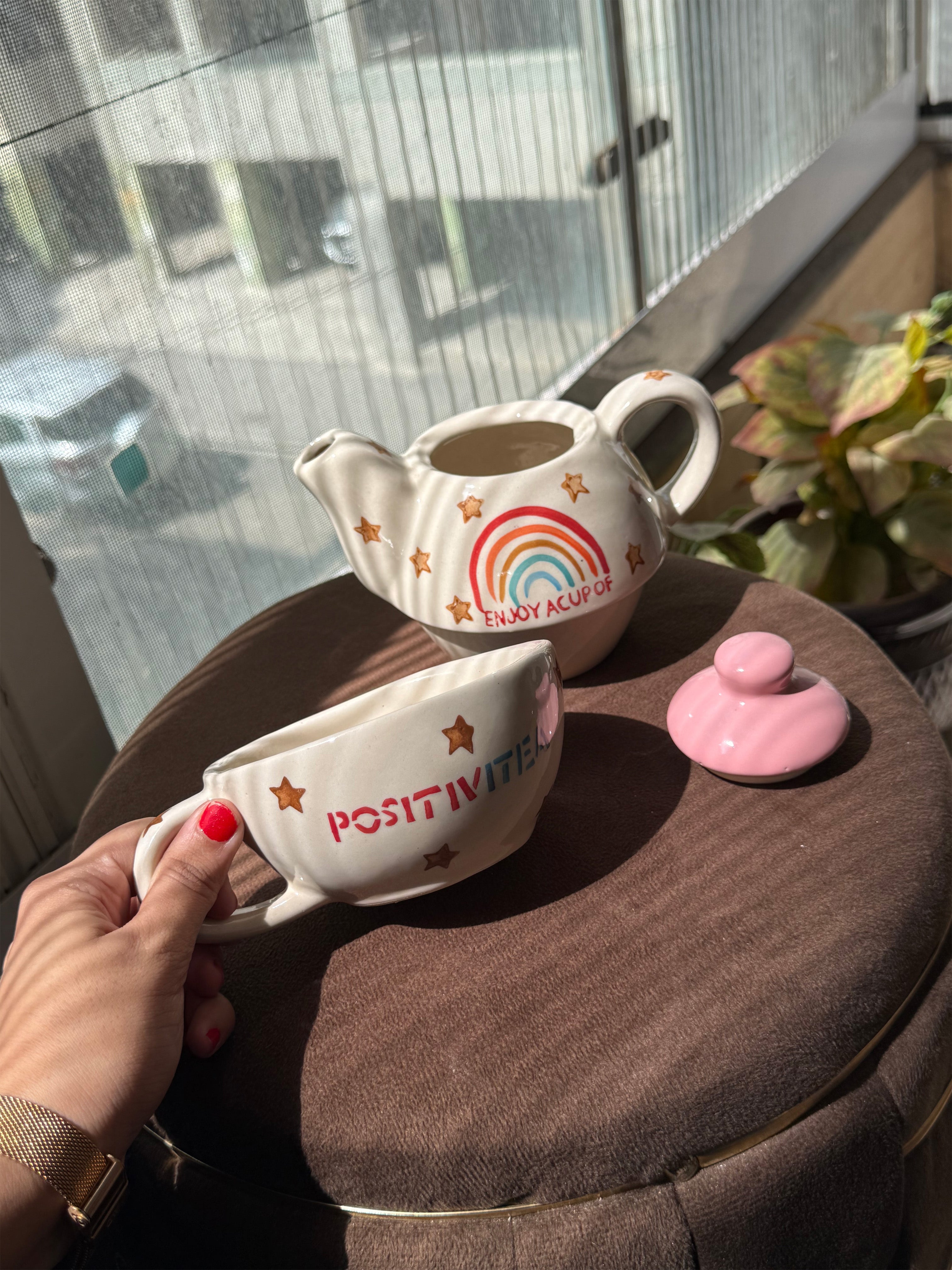 Mittiraa Home Positivitea Ceramic Tea Set with Rainbow Design | 3-in-1 Stackable Ceramic Tea Set (Teapot + Mug + Lid) | Perfect for Tea, Herbal infusions & Gifting