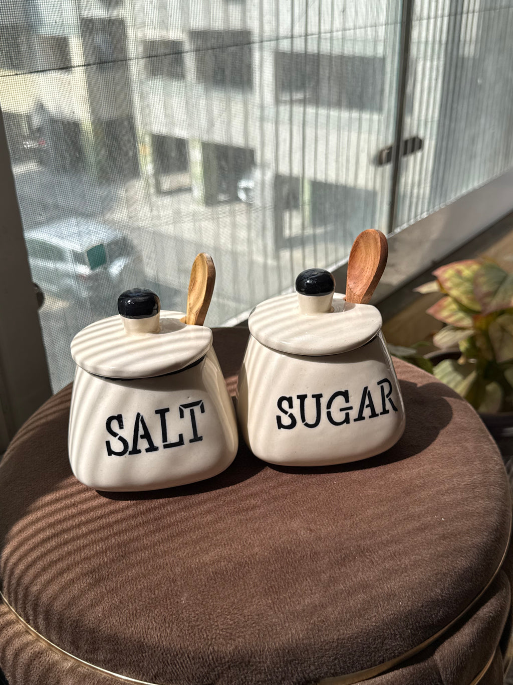 Ceramic Salt & Sugar Jar Set with LID + Spoon