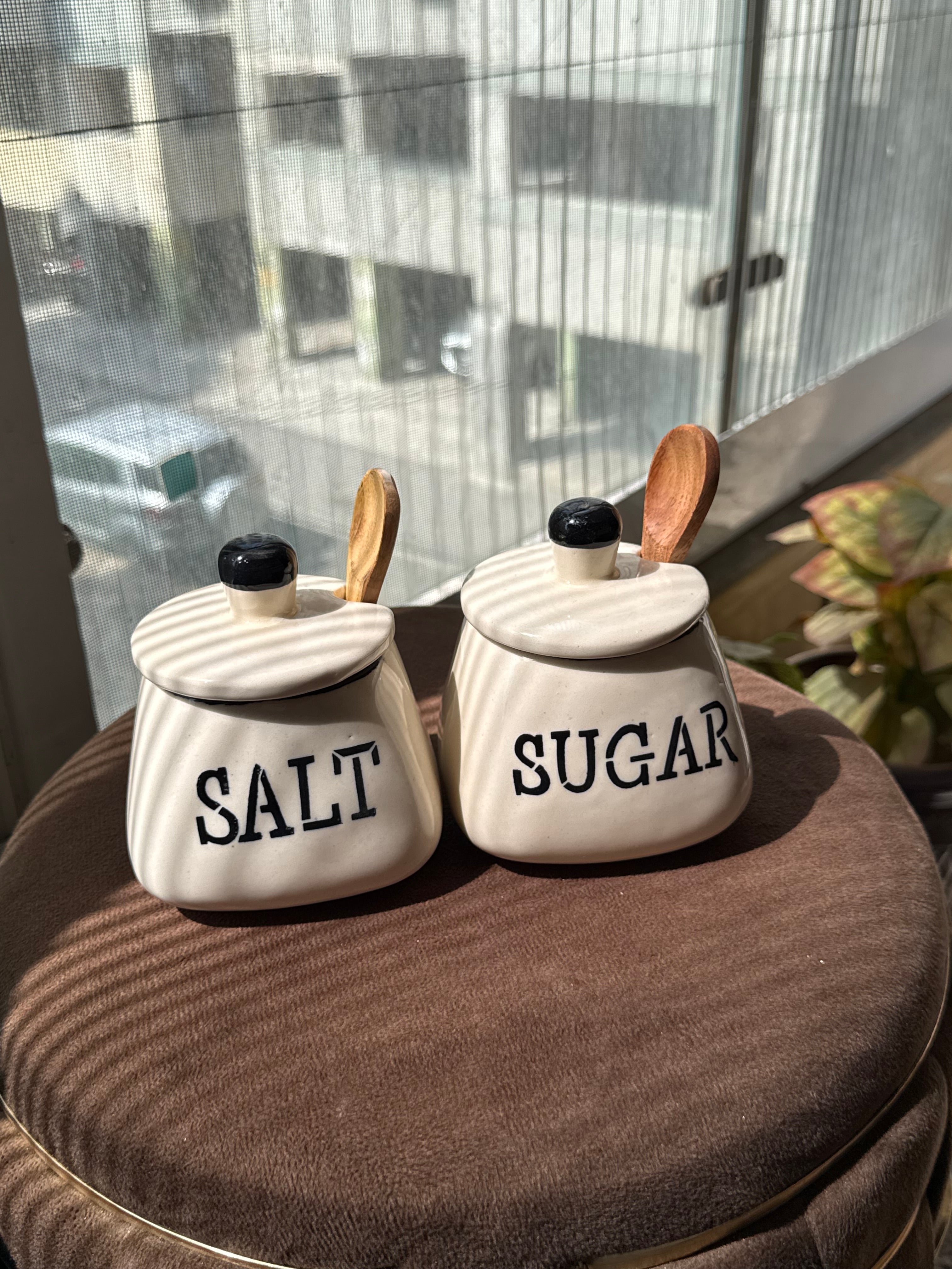 Ceramic Salt & Sugar Jar Set with LID + Spoon