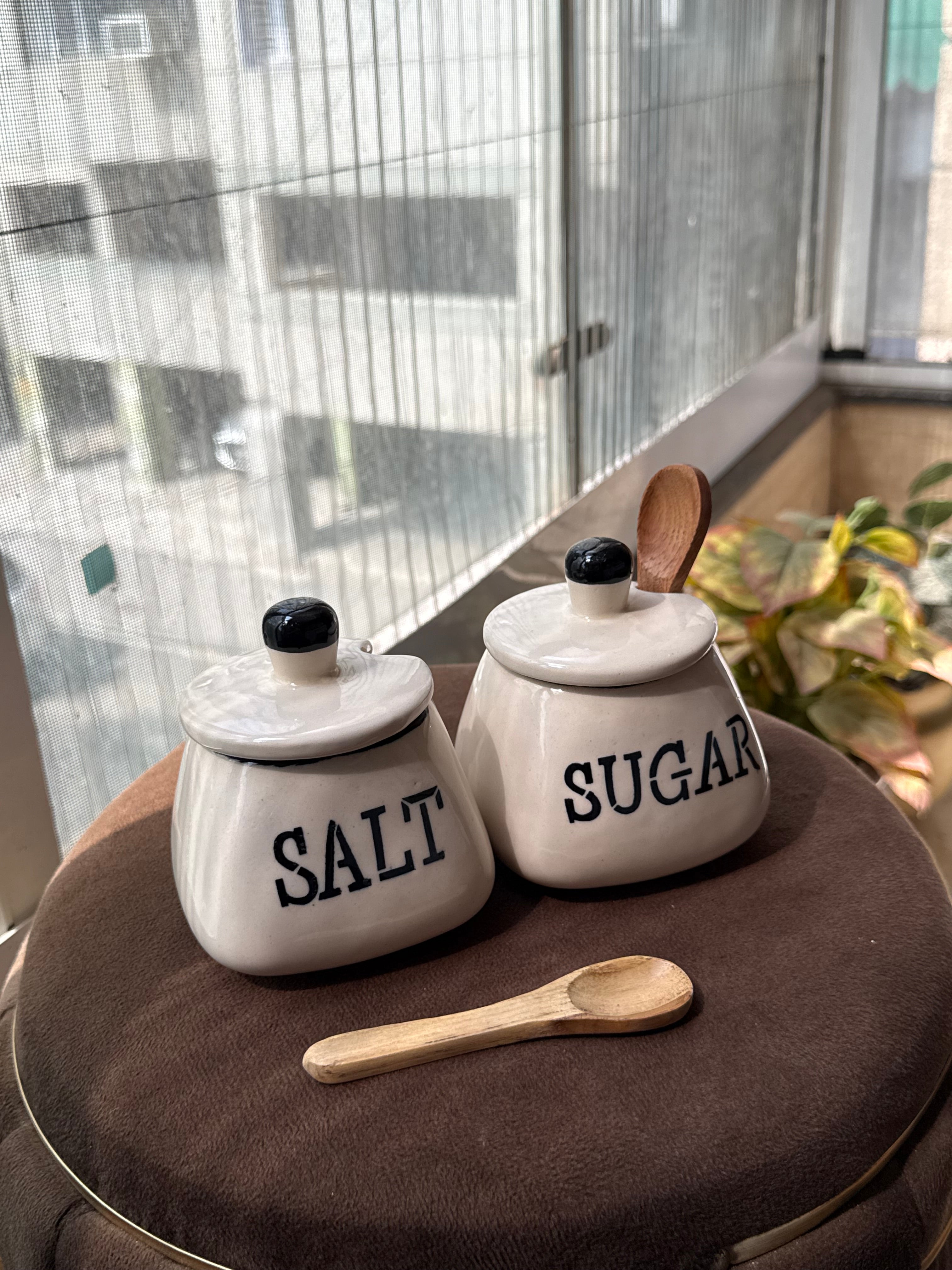 Ceramic Salt & Sugar Jar Set with LID + Spoon