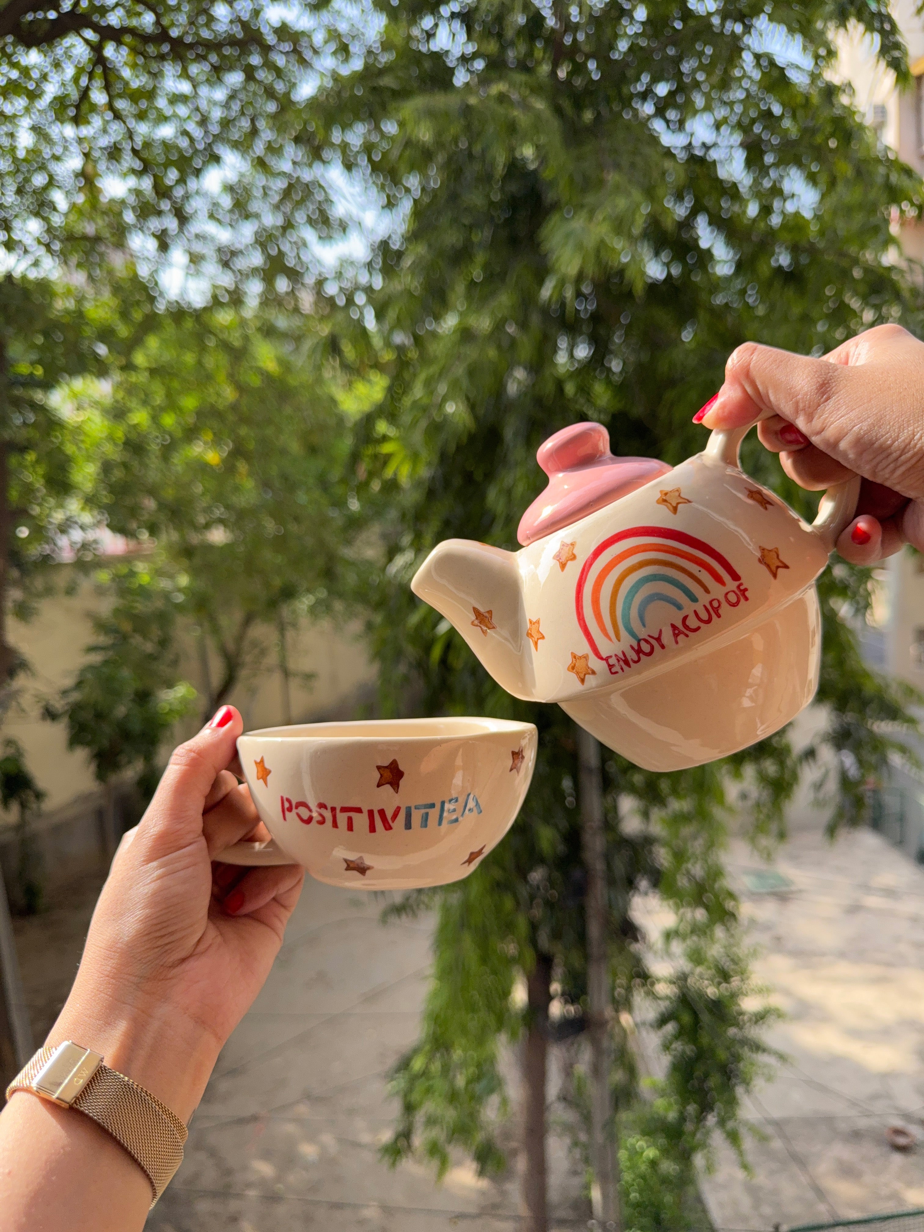Mittiraa Home Positivitea Ceramic Tea Set with Rainbow Design | 3-in-1 Stackable Ceramic Tea Set (Teapot + Mug + Lid) | Perfect for Tea, Herbal infusions & Gifting