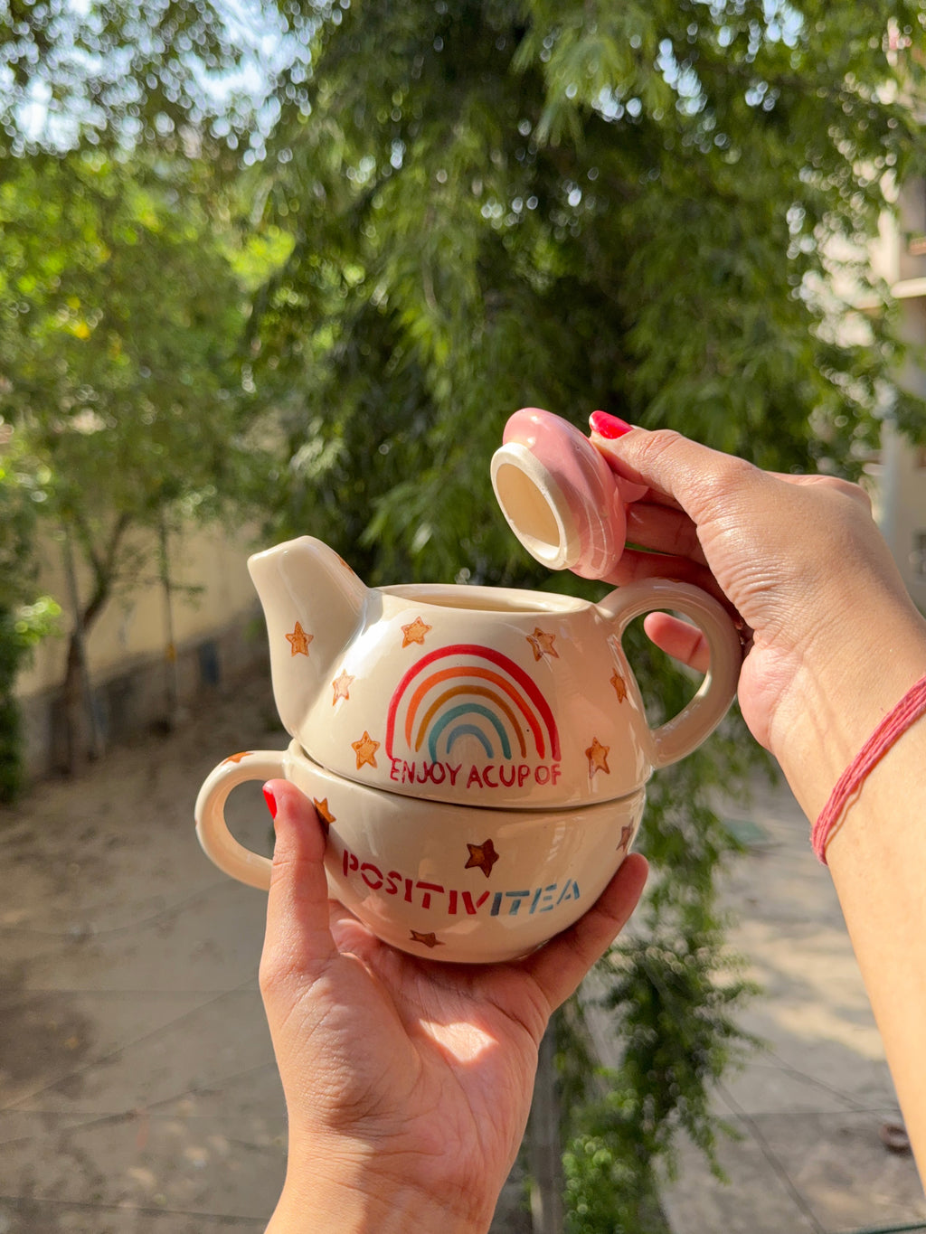 Mittiraa Home Positivitea Ceramic Tea Set with Rainbow Design | 3-in-1 Stackable Ceramic Tea Set (Teapot + Mug + Lid) | Perfect for Tea, Herbal infusions & Gifting