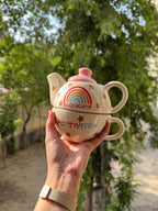 Mittiraa Home Positivitea Ceramic Tea Set with Rainbow Design | 3-in-1 Stackable Ceramic Tea Set (Teapot + Mug + Lid) | Perfect for Tea, Herbal infusions & Gifting