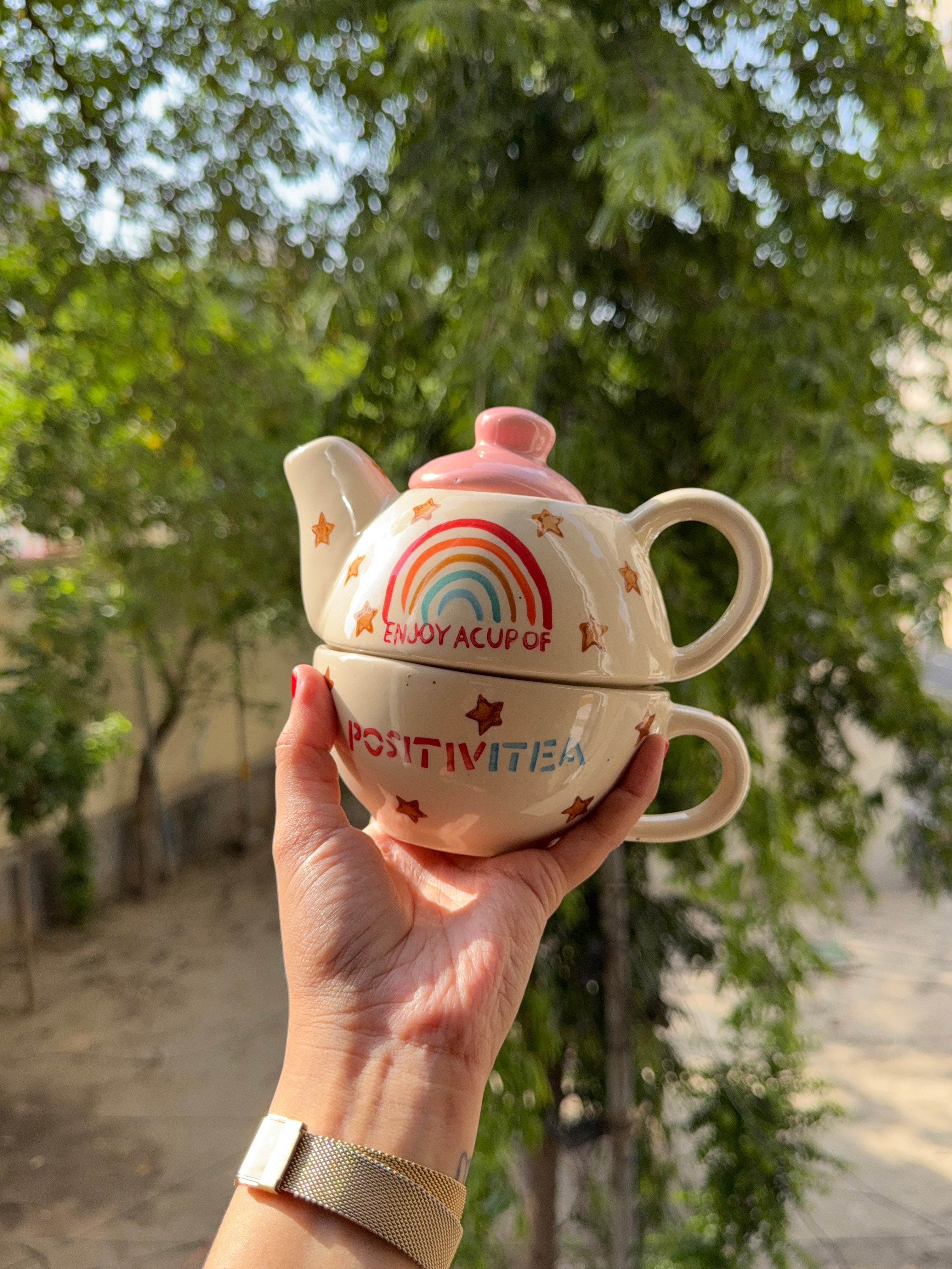 Mittiraa Home Positivitea Ceramic Tea Set with Rainbow Design | 3-in-1 Stackable Ceramic Tea Set (Teapot + Mug + Lid) | Perfect for Tea, Herbal infusions & Gifting