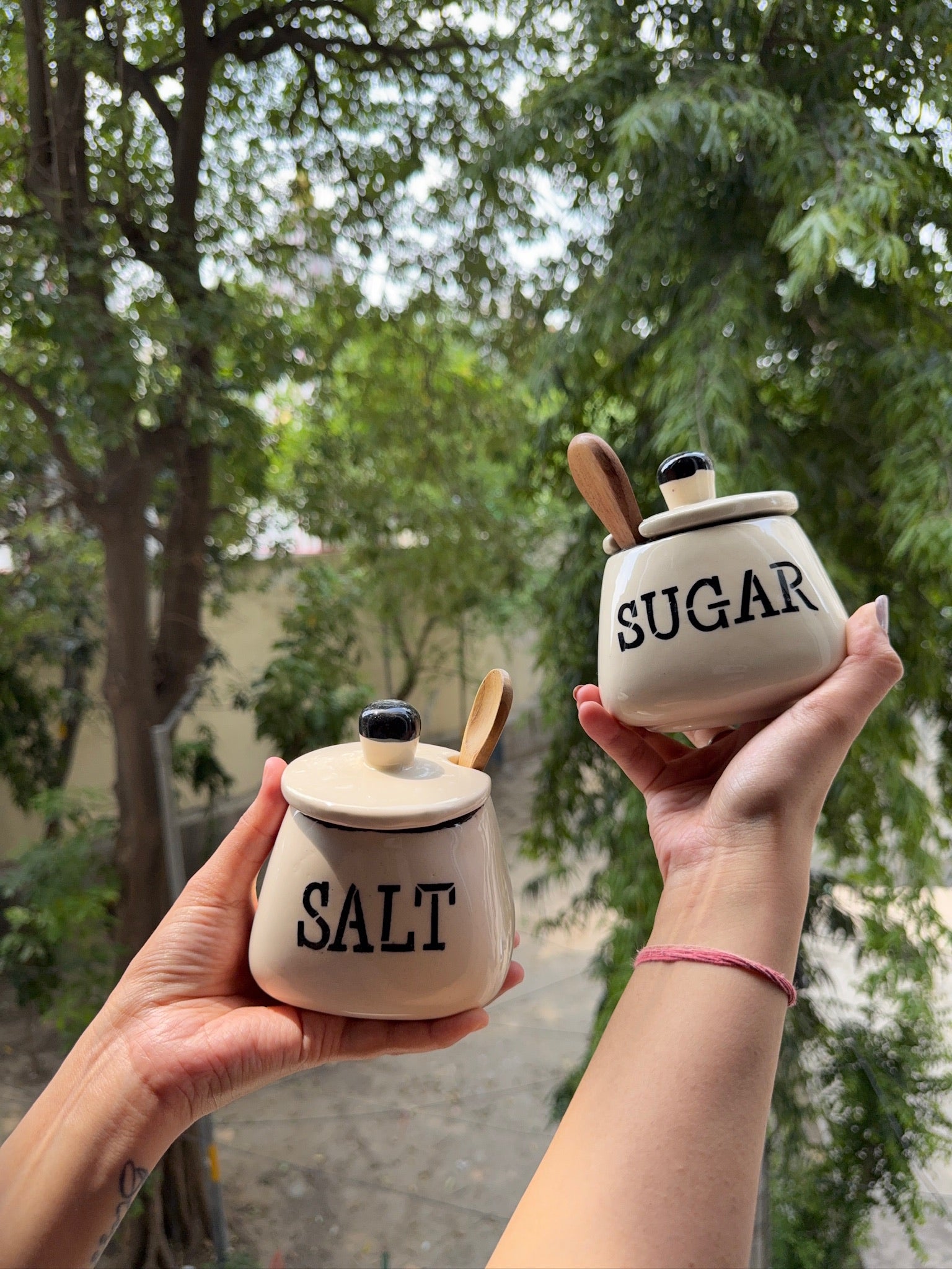Ceramic Salt & Sugar Jar Set with LID + Spoon