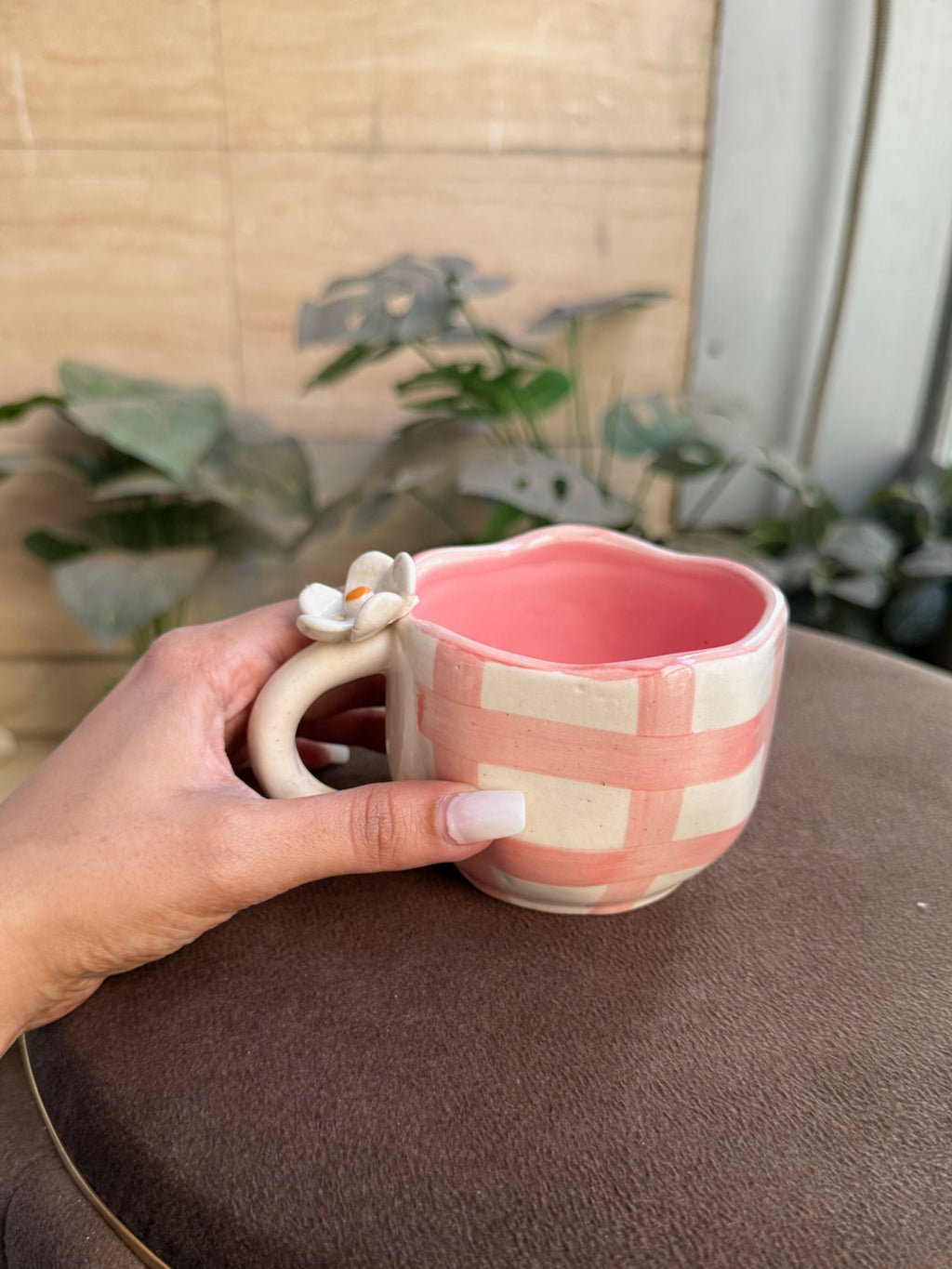 Pink Checks Mug with Flower | Cute Ceramic Mug