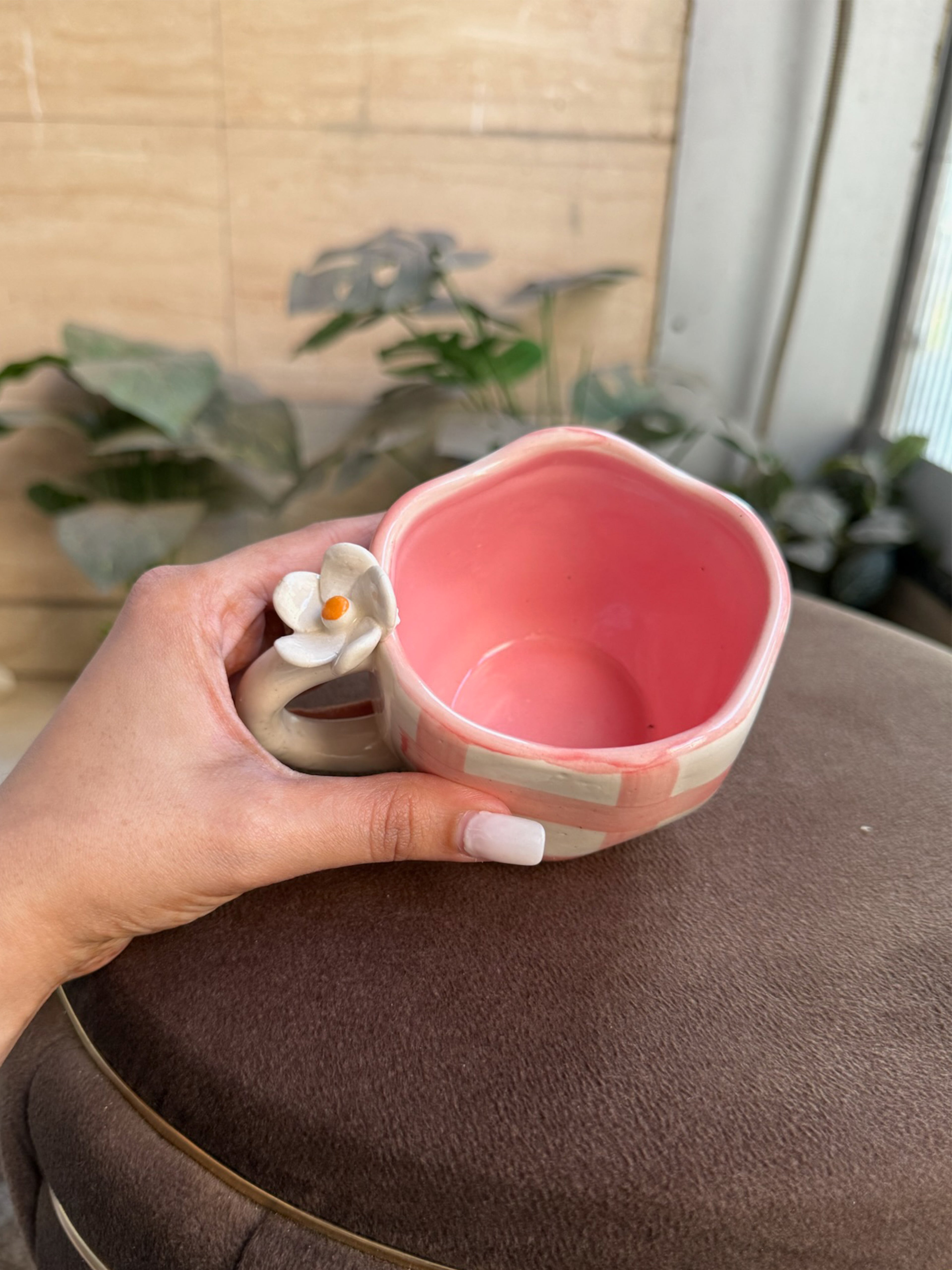 Pink Checks Mug with Flower | Cute Ceramic Mug