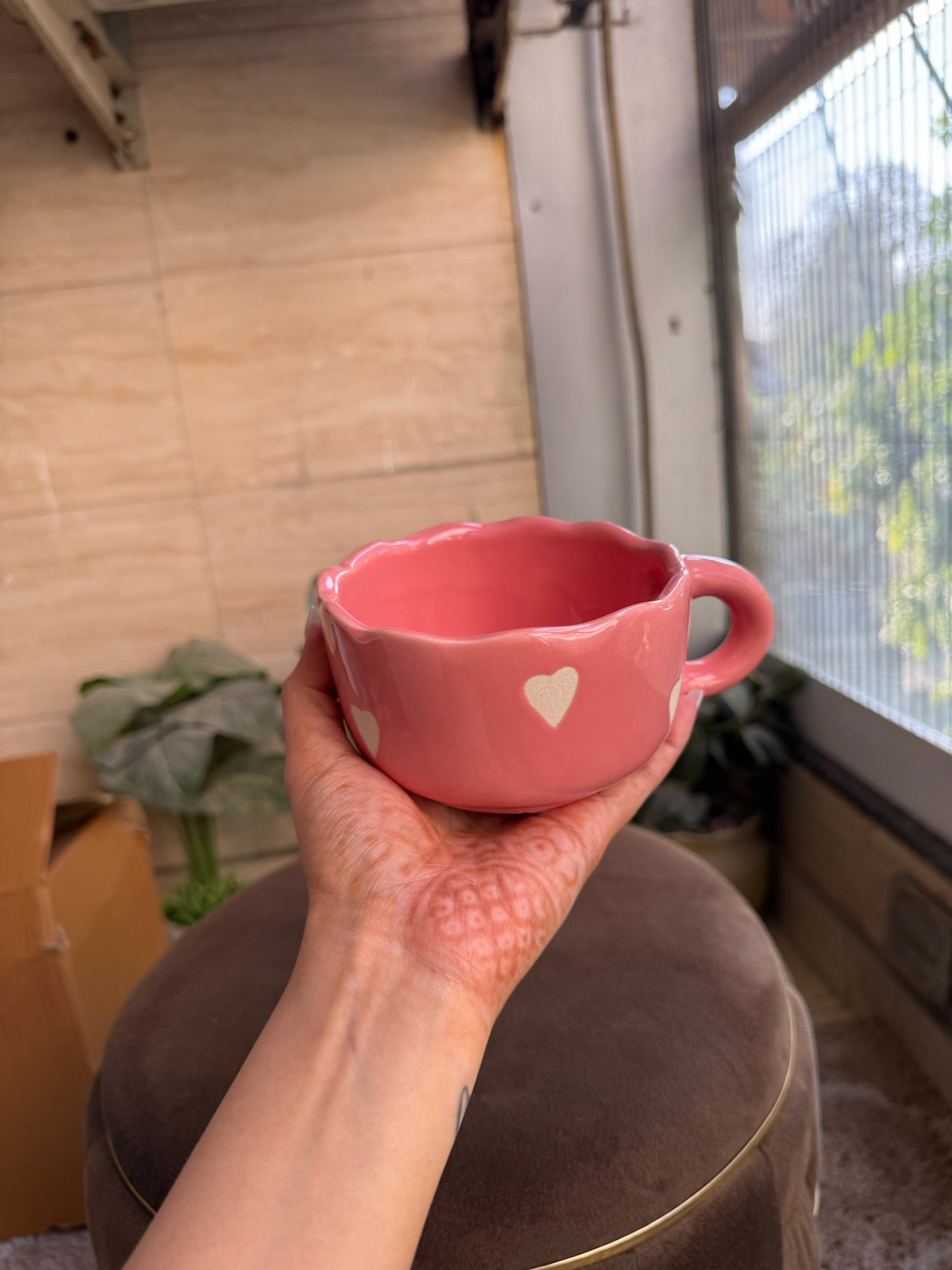 Pink Cappuccino Mug with White Hearts