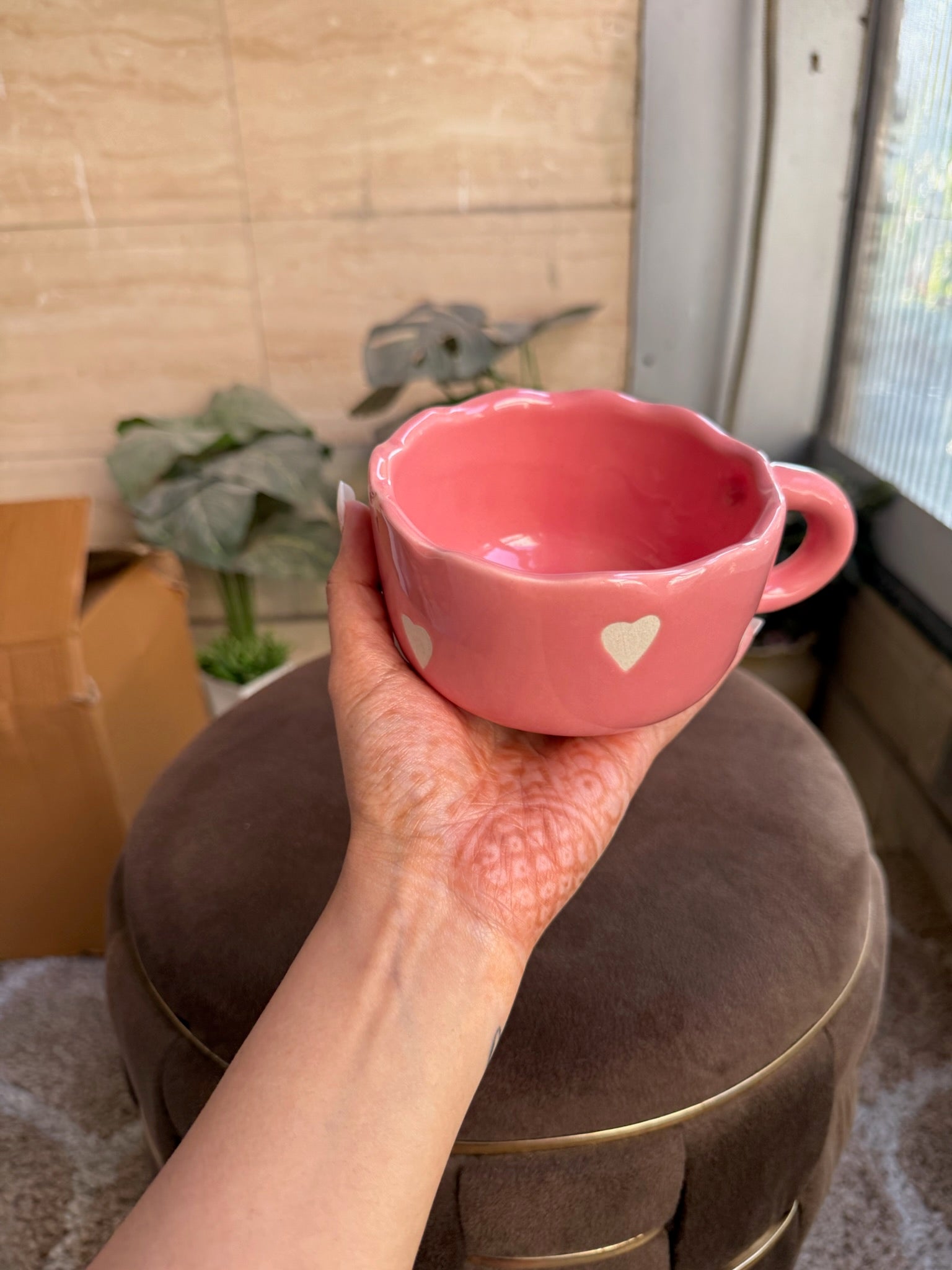 Pink Cappuccino Mug with White Hearts