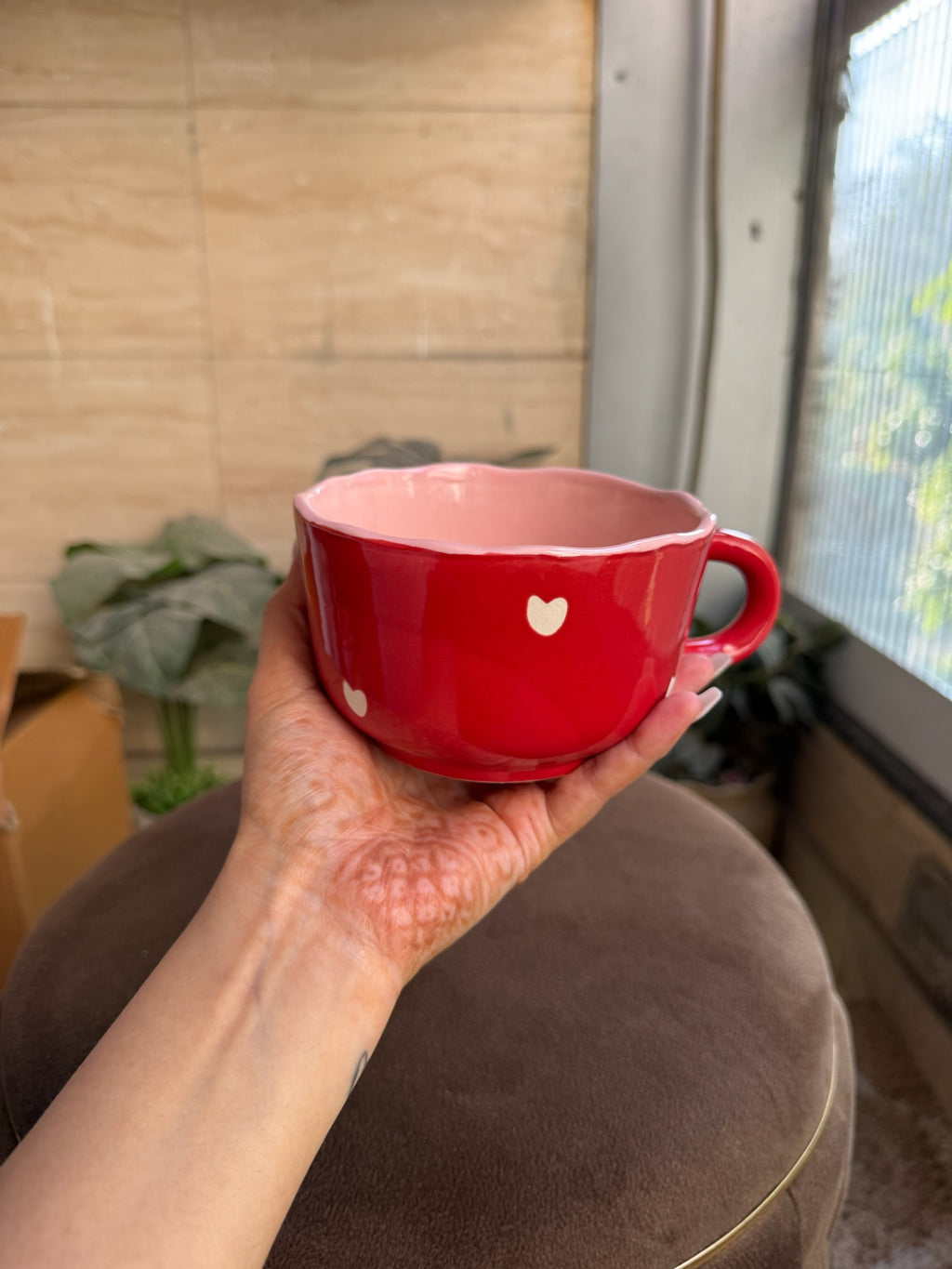 Red Cappuccino Mug with White Hearts