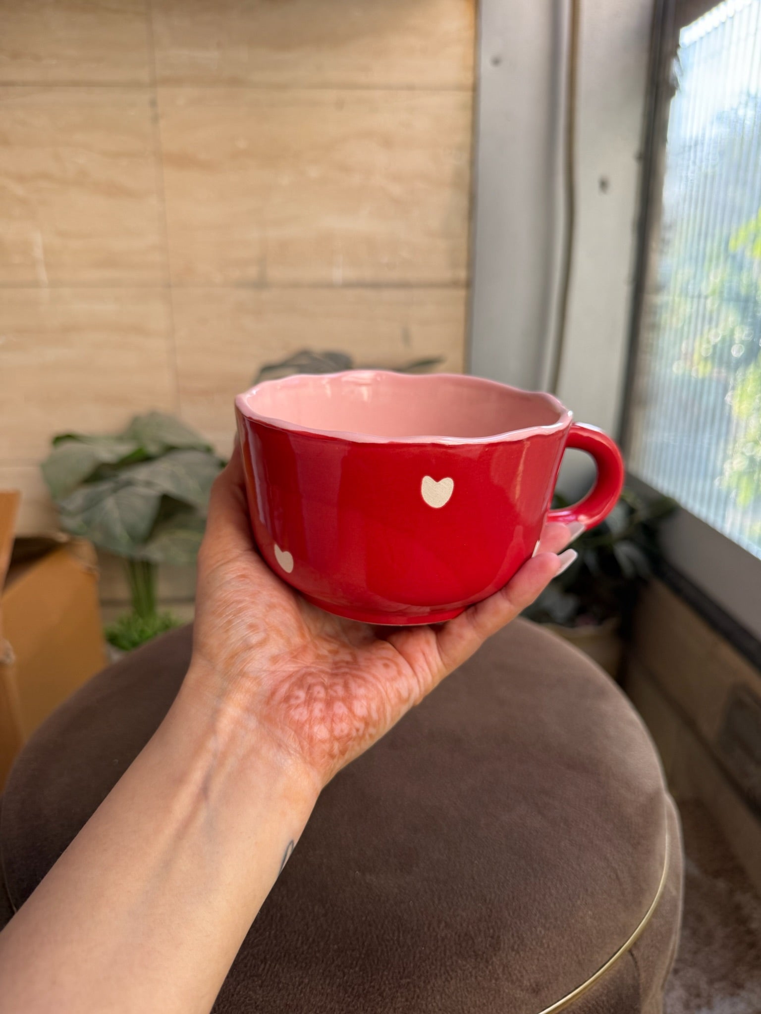Red Cappuccino Mug with White Hearts