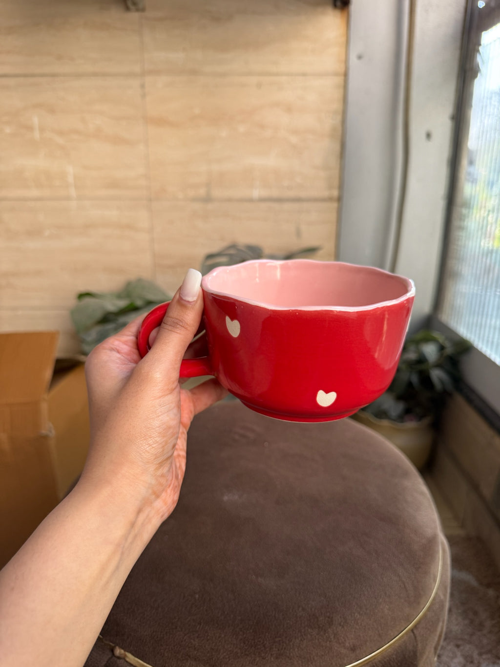 Red Cappuccino Mug with White Hearts