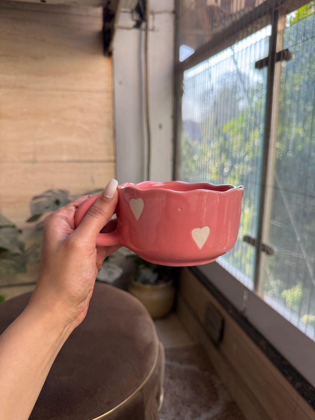 Pink Cappuccino Mug with White Hearts