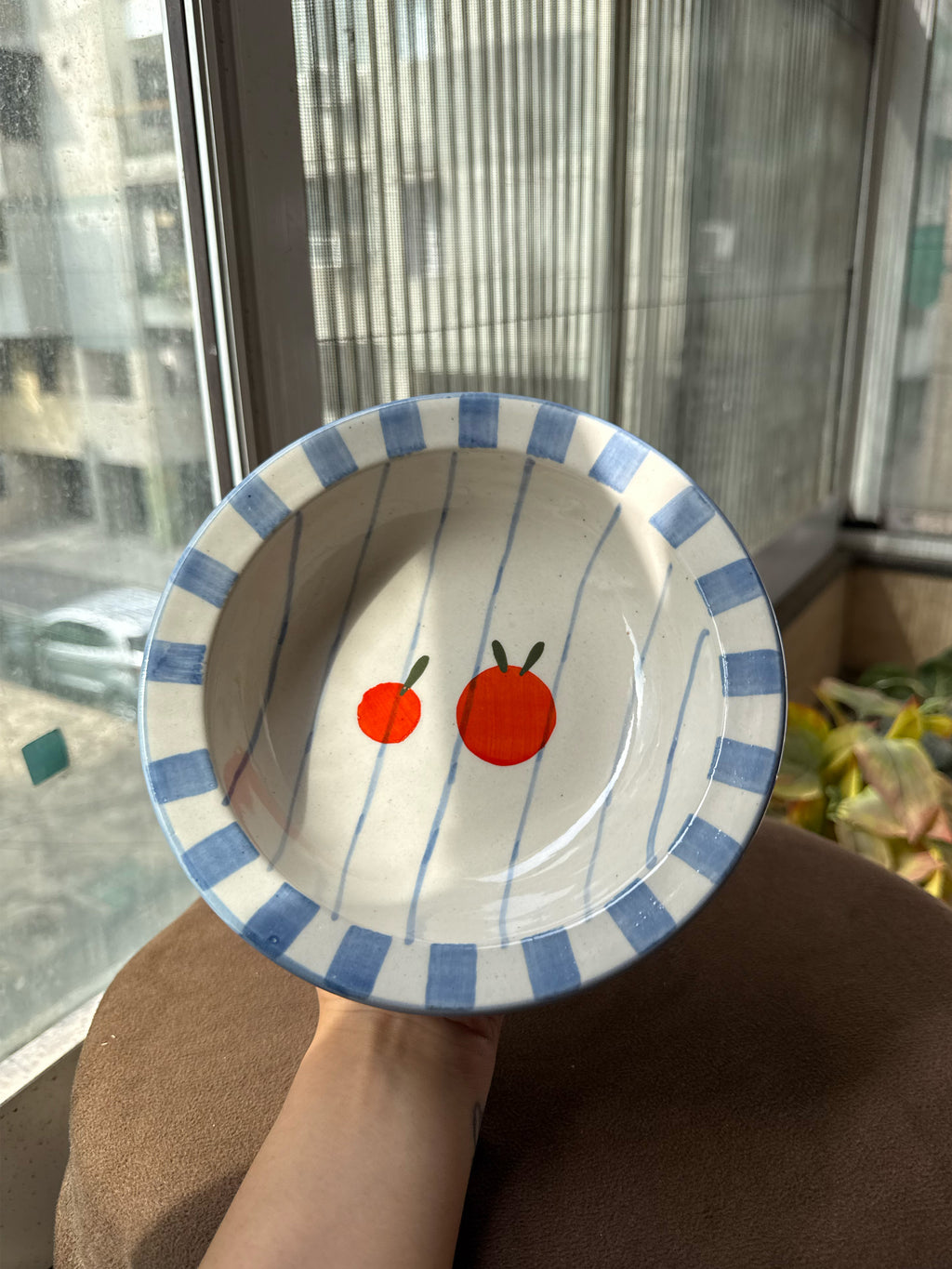 Orange Pasta Bowl with Blue Stripes (Pack of 2) | 18 cm