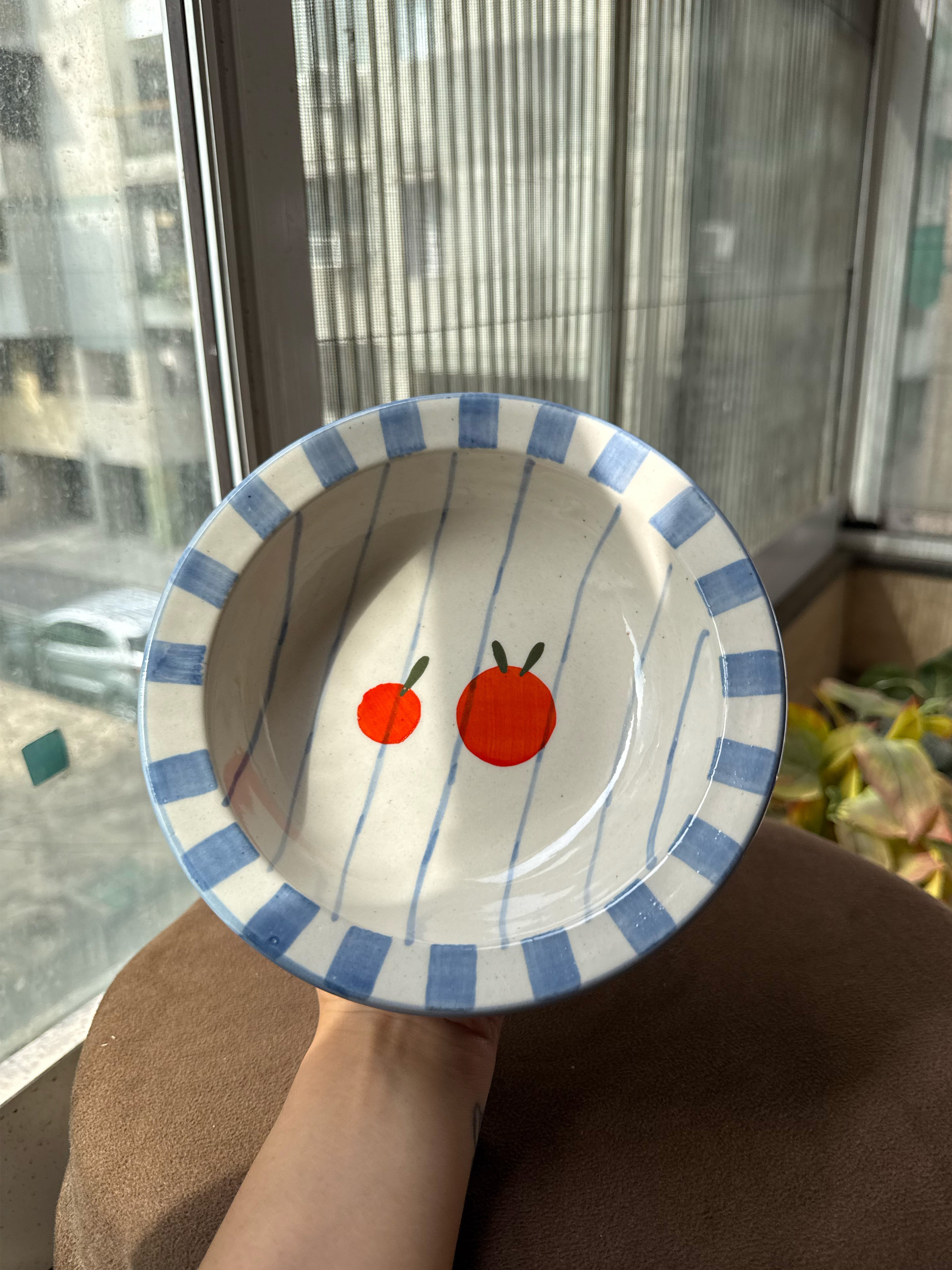 Orange Pasta Bowl with Blue Stripes (Pack of 2) | 18 cm