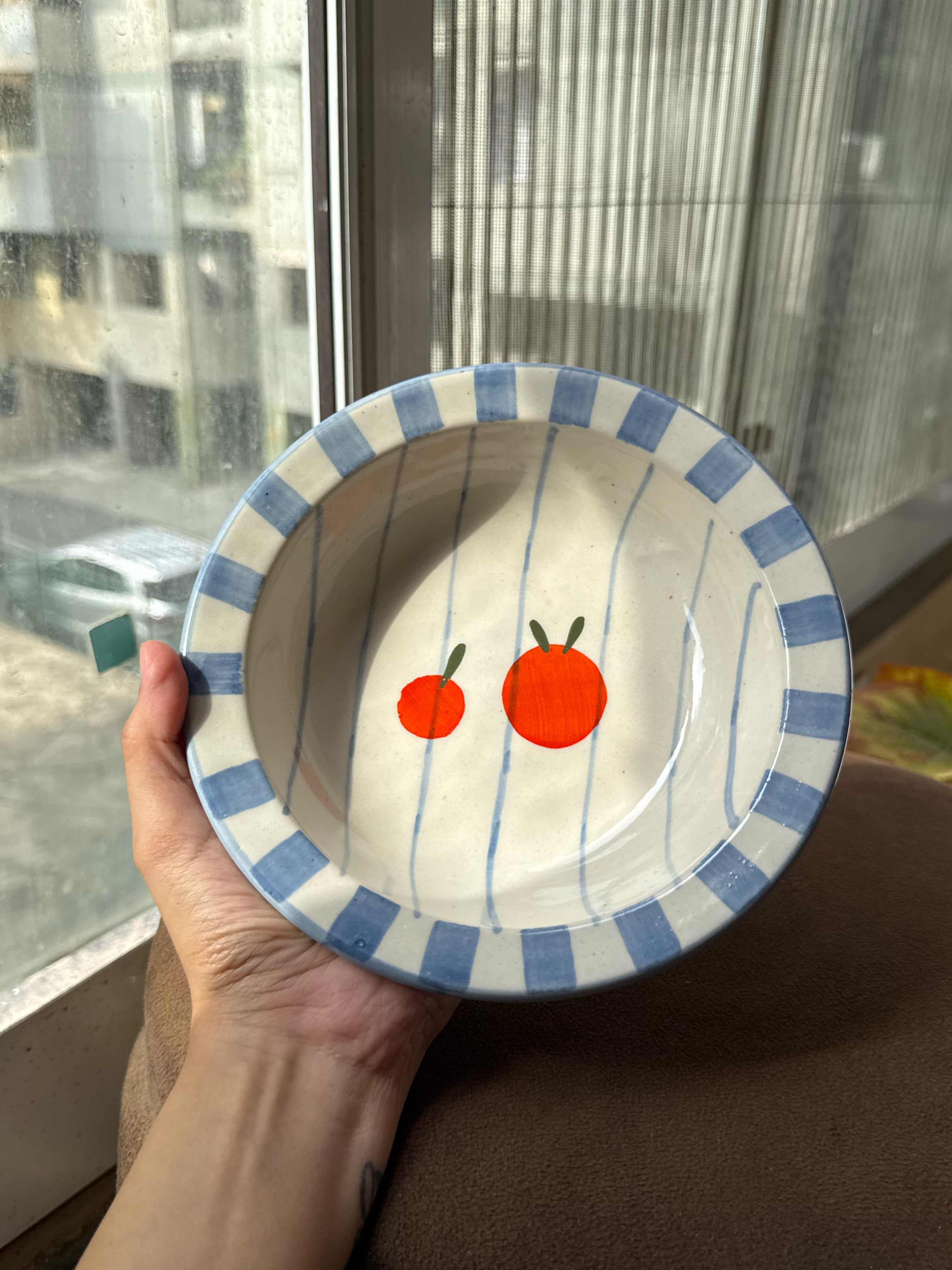 Orange Pasta Bowl with Blue Stripes (Pack of 2) | 18 cm