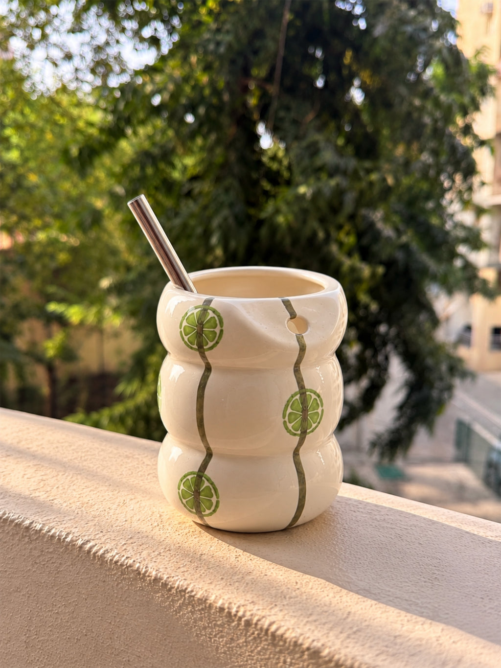 Mittiraa Home Lime Twist Ceramic Sipper with Steel Straw 🍋‍🟩