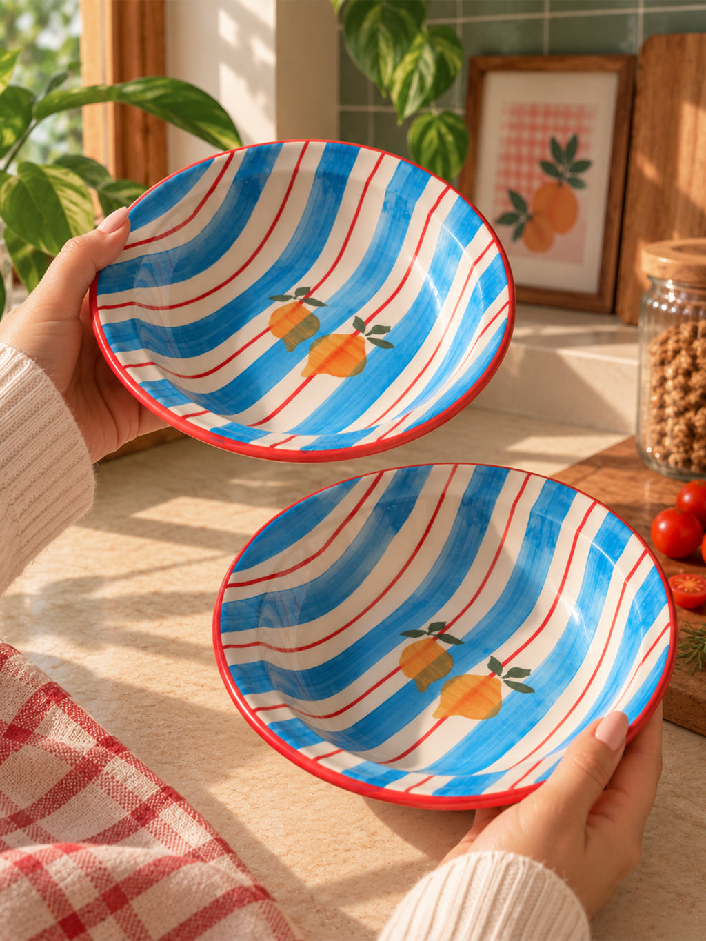 Mittiraa Home Blue Stripes Pasta Plates with Lemons | 18 cm