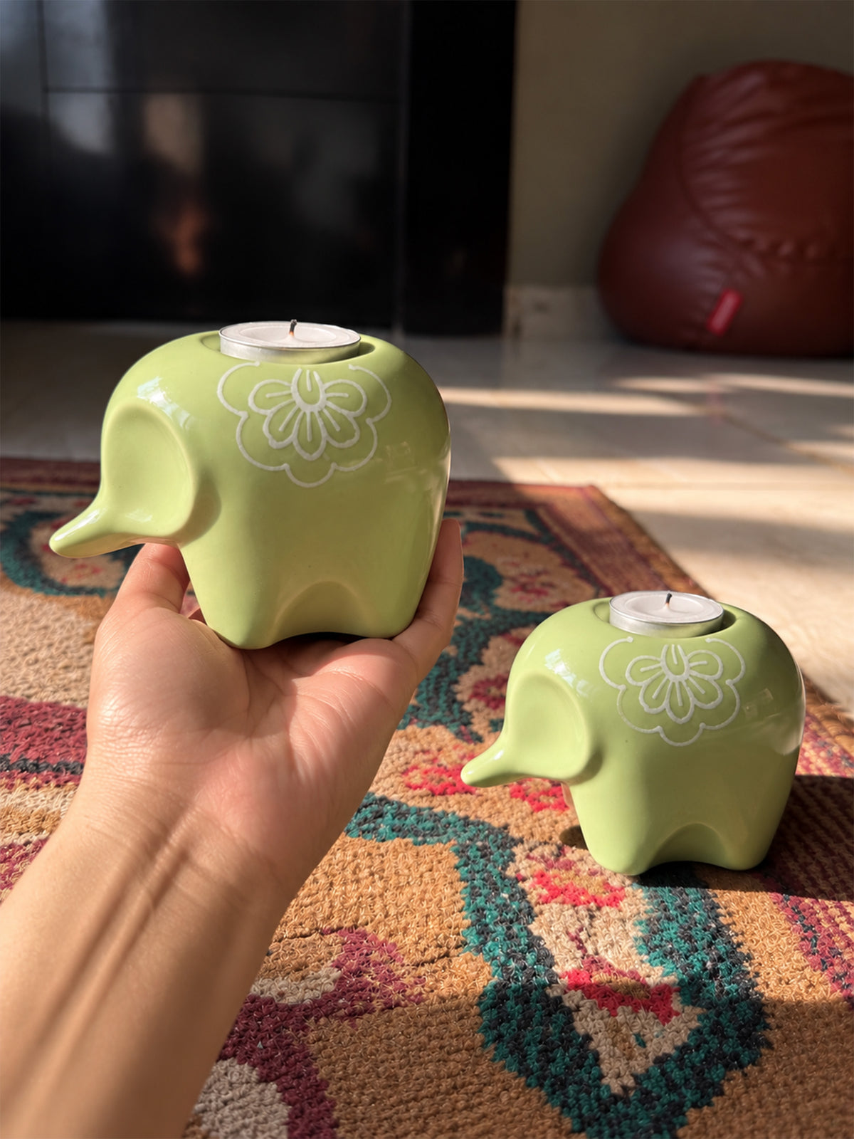 Mittiraa Home Mint Green Elephant Tealight Holder