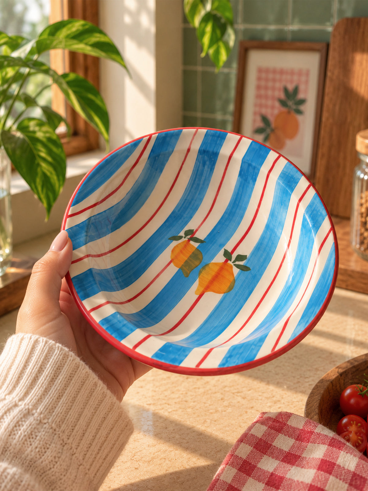 Mittiraa Home Blue Stripes Pasta Plates with Lemons | 18 cm