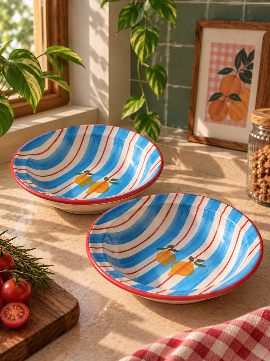 Mittiraa Home Blue Stripes Pasta Plates with Lemons | 18 cm