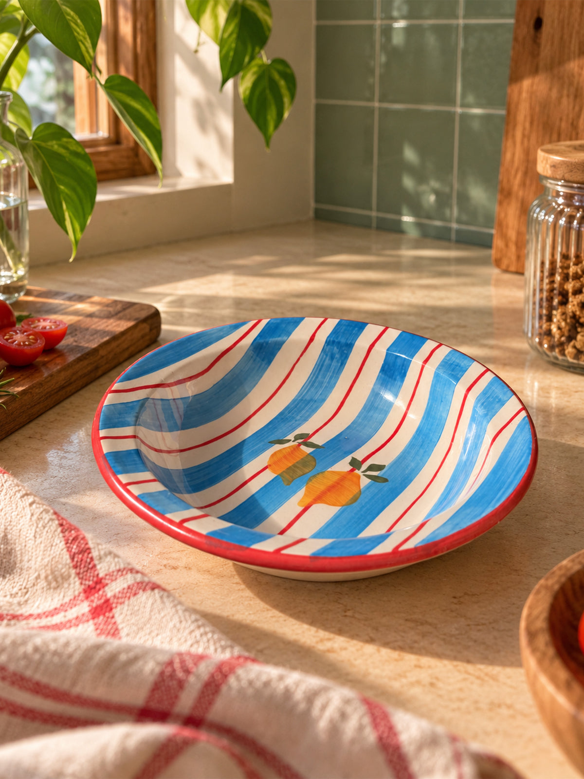 Mittiraa Home Blue Stripes Pasta Plates with Lemons | 18 cm