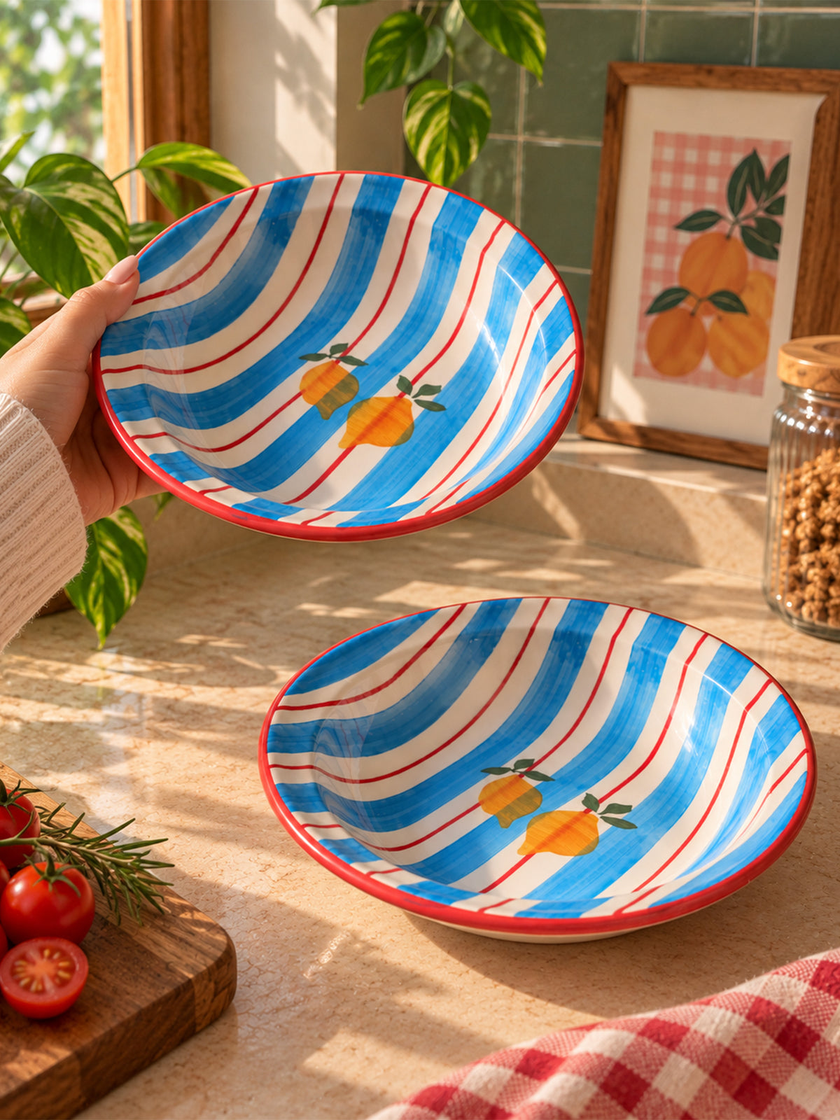 Mittiraa Home Blue Stripes Pasta Plates with Lemons | 18 cm