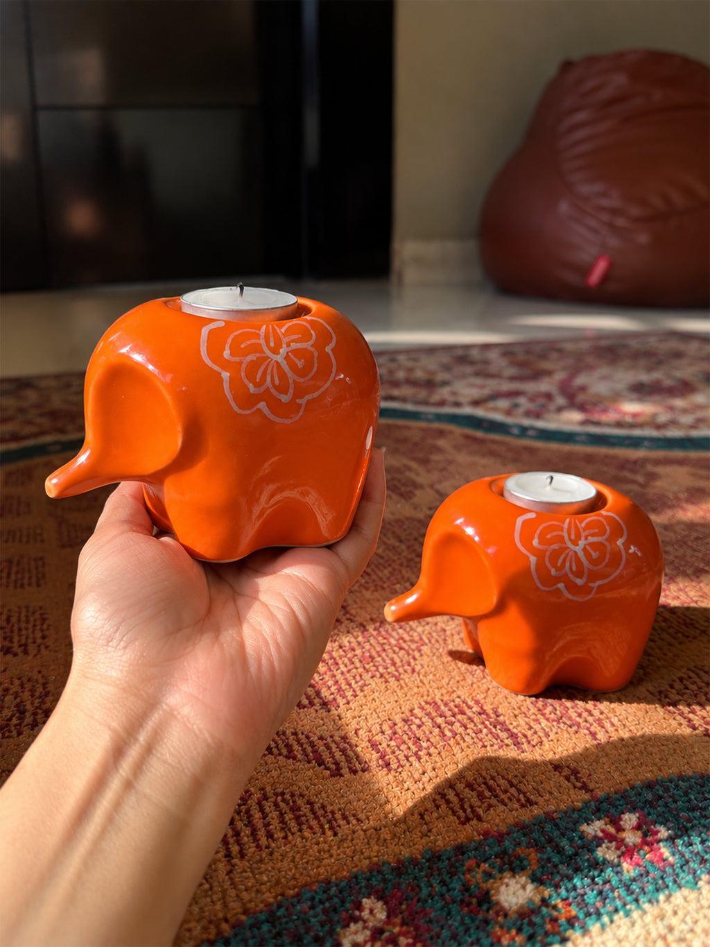Mittiraa Home Orange Elephant Tealight Holder🪔