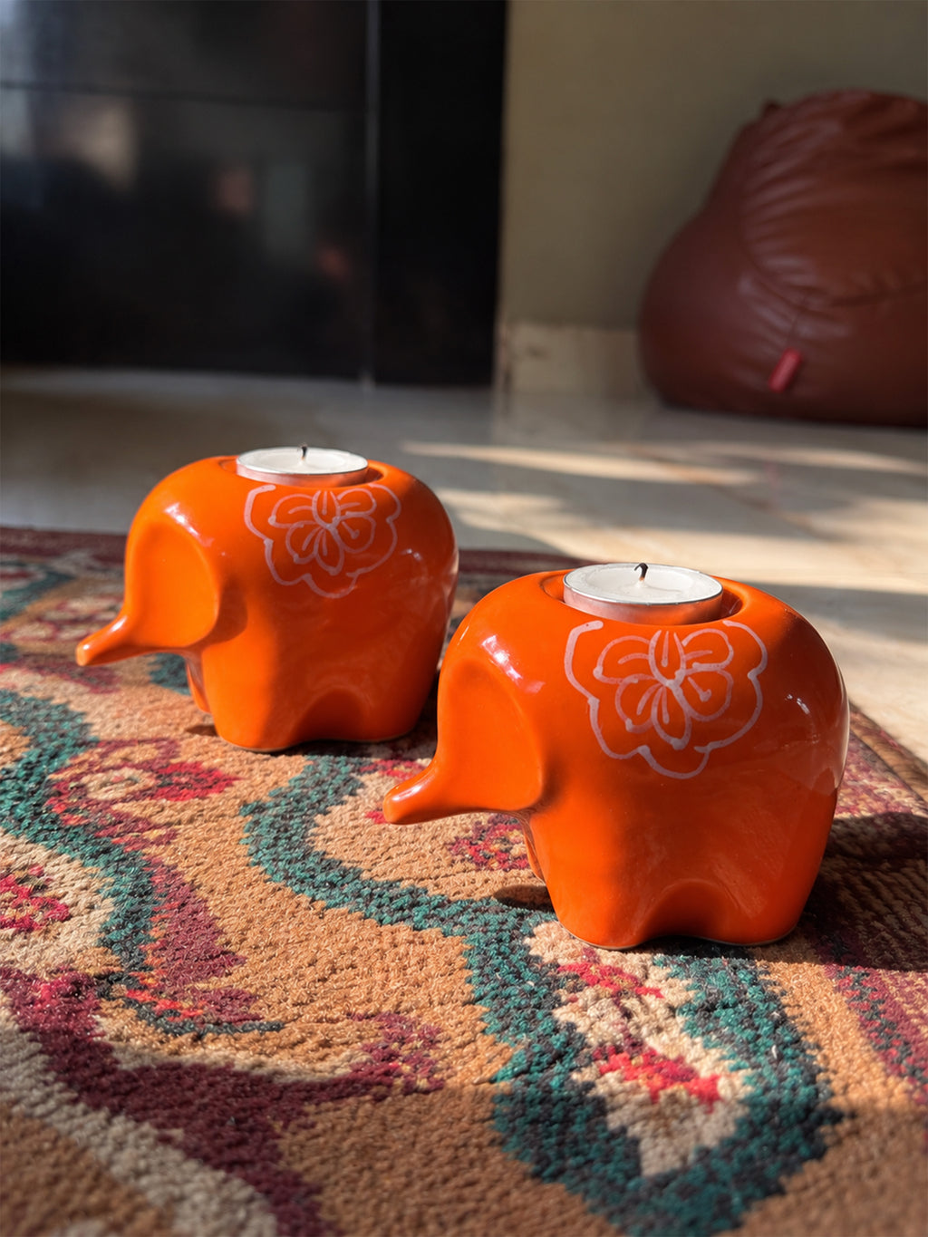 Mittiraa Home Orange Elephant Tealight Holder🪔