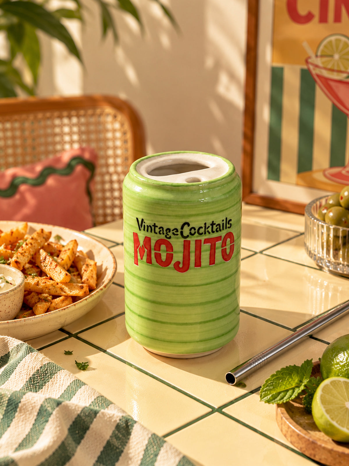 Mittiraa Home Mojito Ceramic Can | Beautiful Can Shaped Sipper + Steel Straw