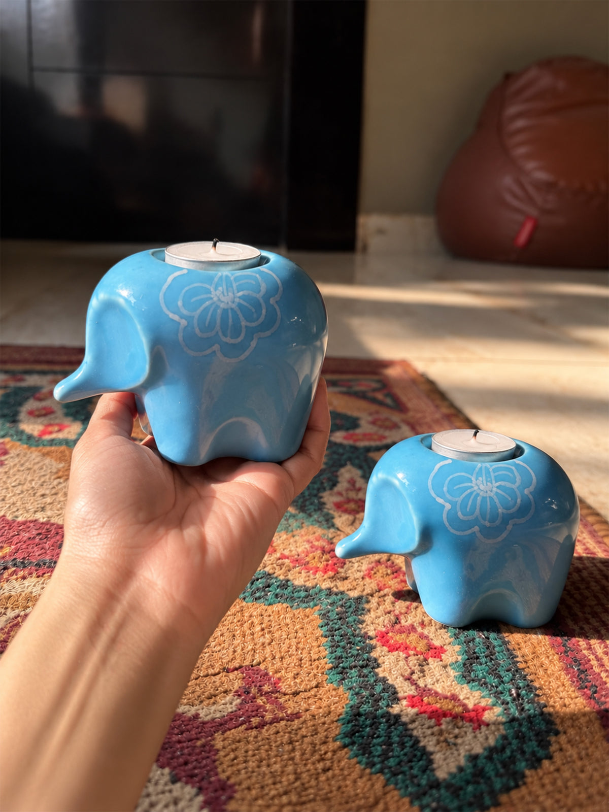 Mittiraa Home Blue Elephant Tealight Holder 🪔