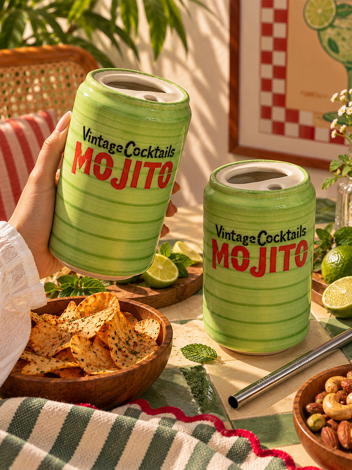 Mittiraa Home Mojito Ceramic Can | Beautiful Can Shaped Sipper + Steel Straw