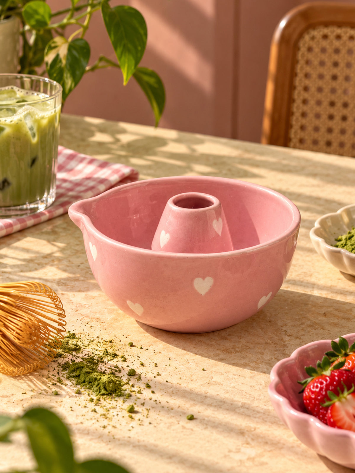 Pink Matcha Bowl with White hearts