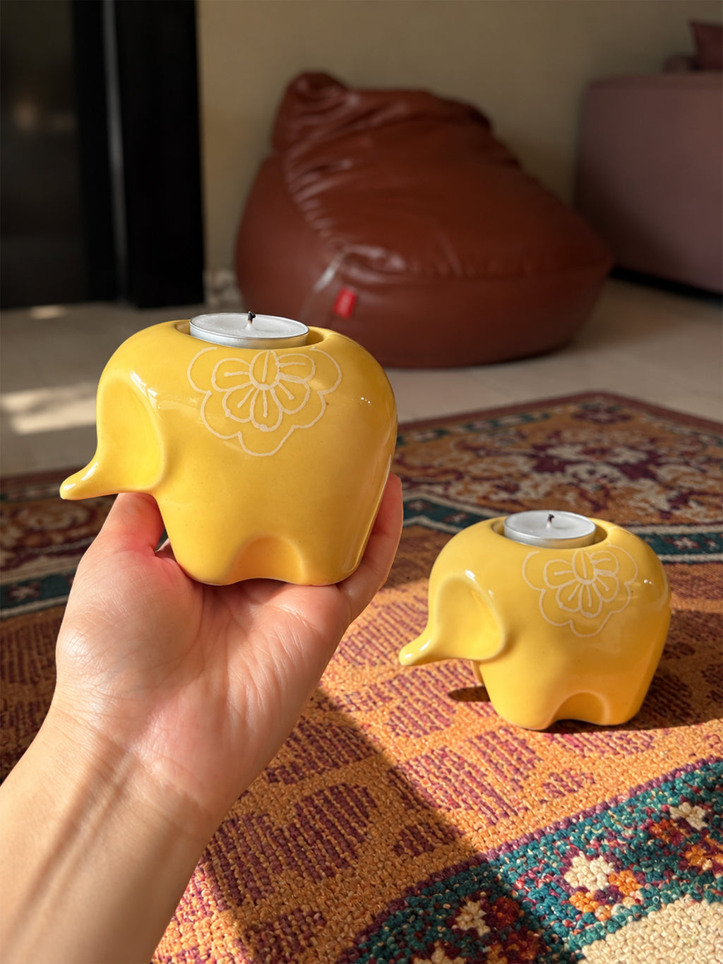 Mittiraa Home Yellow Elephant Tealight Holder