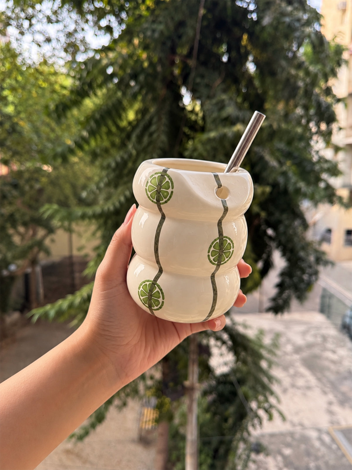 Mittiraa Home Lime Twist Ceramic Sipper with Steel Straw 🍋‍🟩