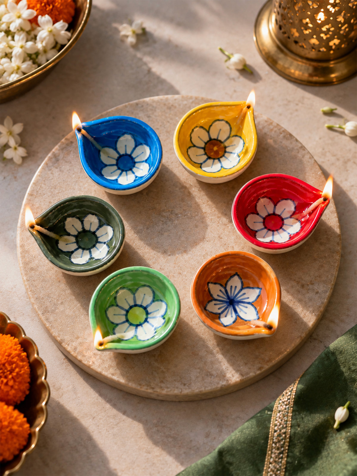 Mittiraa Home Flower Diyas 🪔 | Hand-Painted Ceramic Diyas (Set of 6)