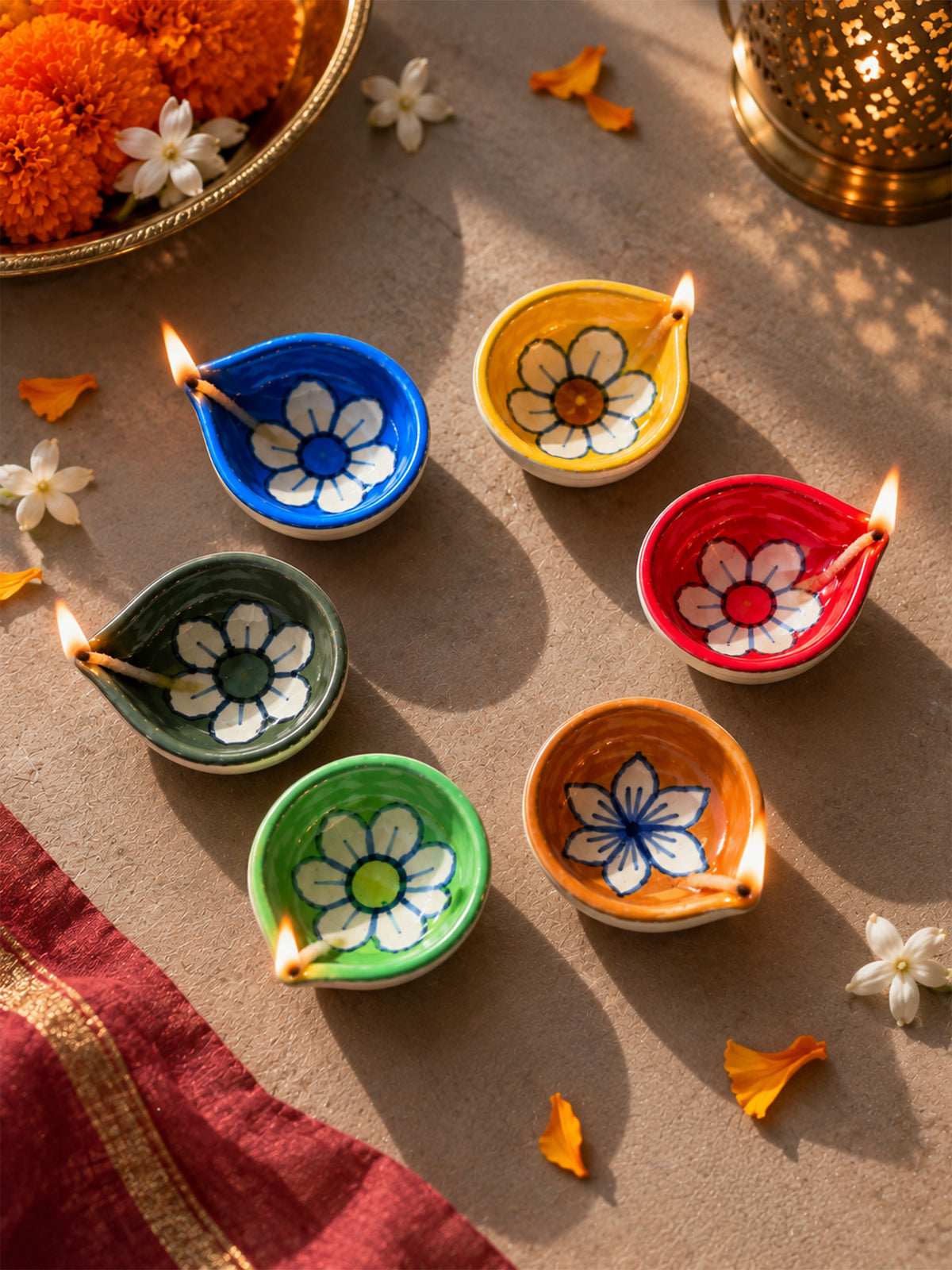 Mittiraa Home Flower Diyas 🪔 | Hand-Painted Ceramic Diyas (Set of 6)