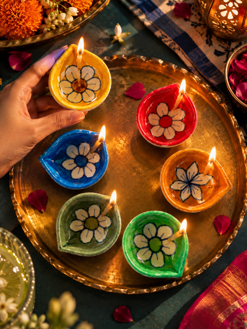 Mittiraa Home Flower Diyas 🪔 | Hand-Painted Ceramic Diyas (Set of 6)
