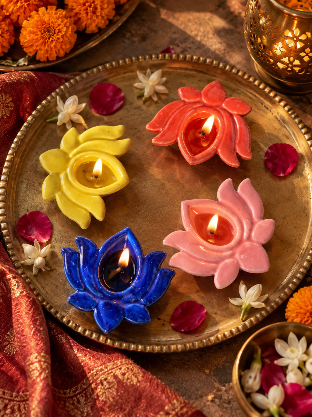 Mittiraa Home Lotus Diyas 🪔 | Hand-Painted Ceramic Diyas (Set of 4)