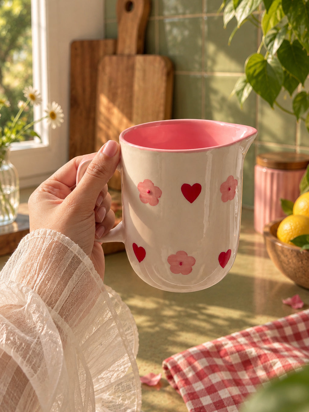 Mittiraa Home Heart & Flower Small Jug | For Serving Drinks, Brunch Tables, Gifting or Displaying Flowers