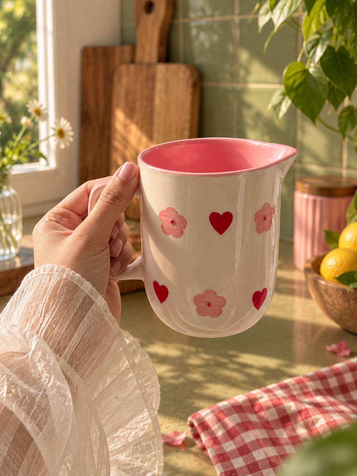 Mittiraa Home Heart & Flower Small Jug | For Serving Drinks, Brunch Tables, Gifting or Displaying Flowers