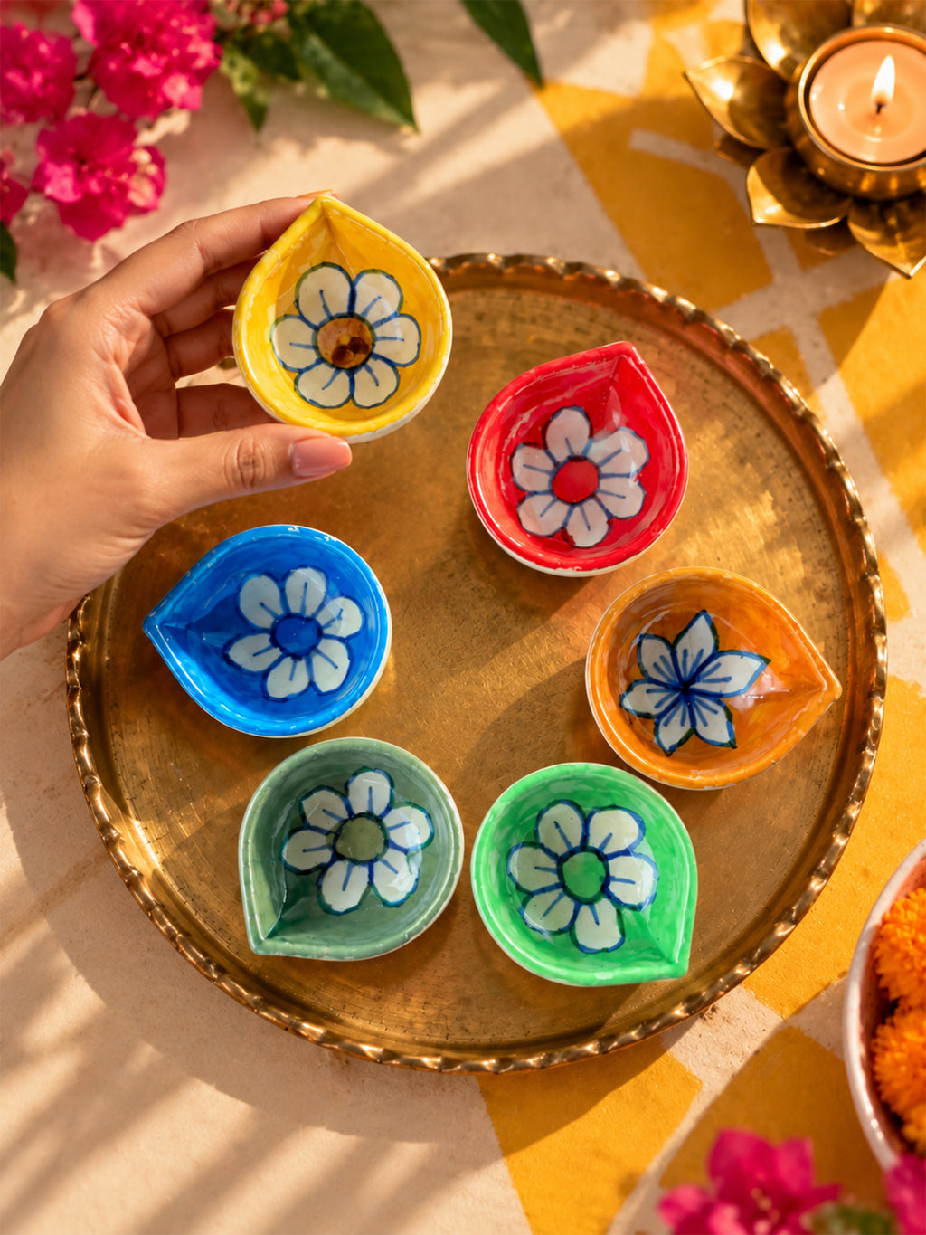 Mittiraa Home Flower Diyas 🪔 | Hand-Painted Ceramic Diyas (Set of 6)